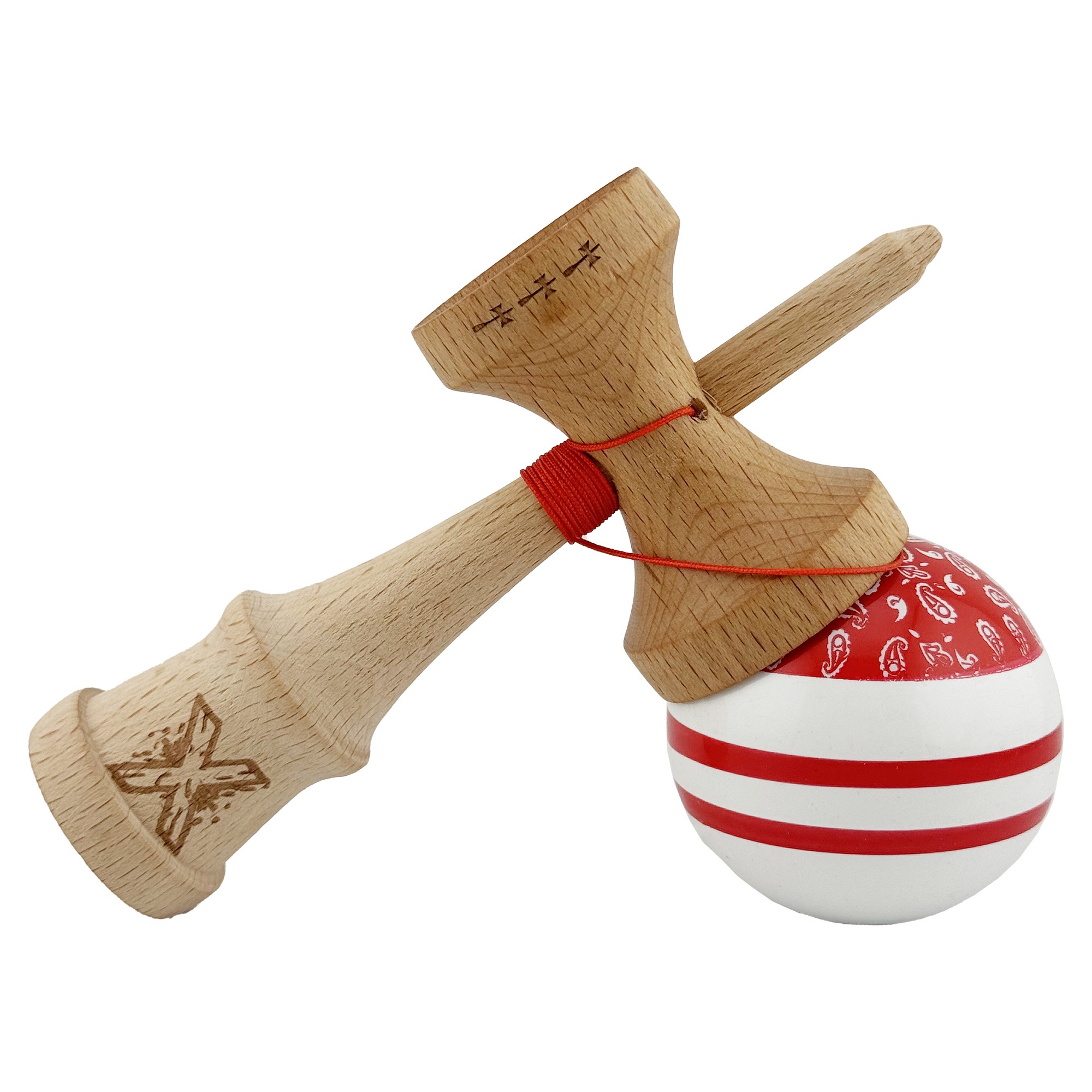 Kendama X CHICANOS Originala, Profesionala, Flippy, Big Cups V2, Super Sticky cu Cupe Mari, Rulment Metalic, din lemn 18 cm, Ata 55 cm, Rosu/Alb