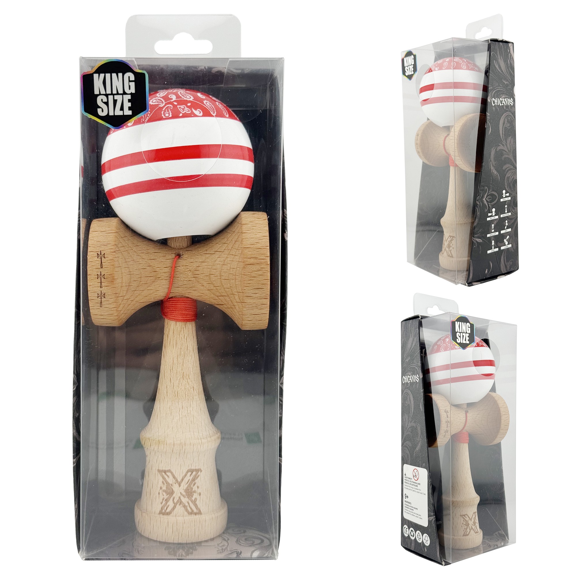 Kendama X CHICANOS Originala, Profesionala, Flippy, Big Cups V2, Super Sticky cu Cupe Mari, Rulment Metalic, din lemn 18 cm, Ata 55 cm, Rosu/Alb