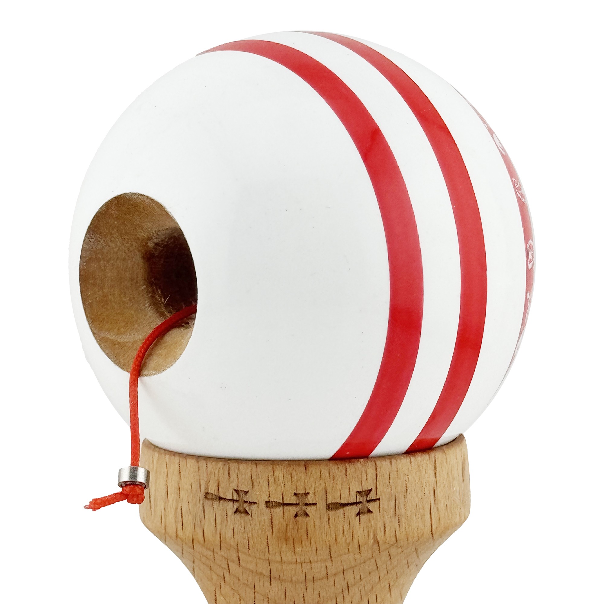 Kendama X CHICANOS Originala, Profesionala, Flippy, Big Cups V2, Super Sticky cu Cupe Mari, Rulment Metalic, din lemn 18 cm, Ata 55 cm, Rosu/Alb