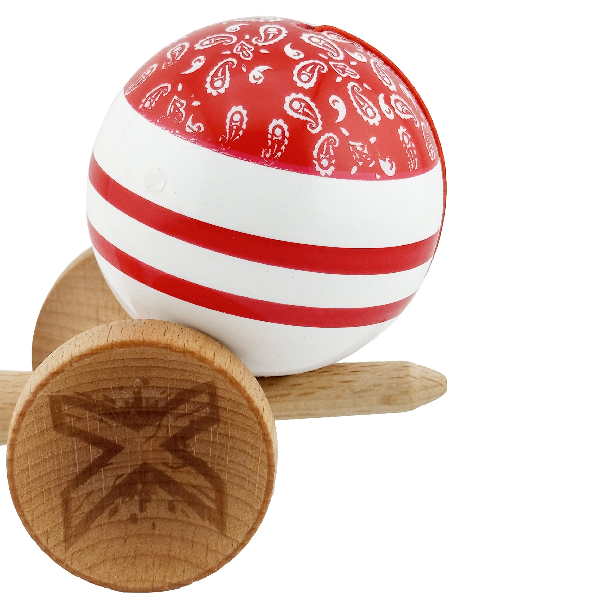 Kendama X CHICANOS Originala, Profesionala, Flippy, Big Cups V2, Super Sticky cu Cupe Mari, Rulment Metalic, din lemn 18 cm, Ata 55 cm, Rosu/Alb