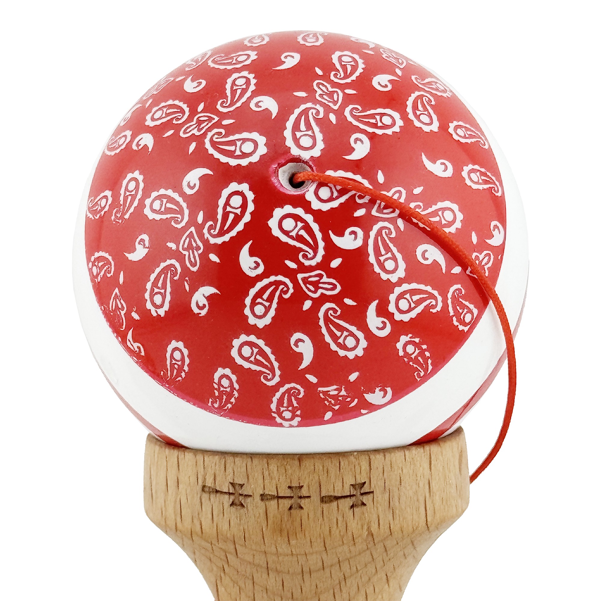 Kendama X CHICANOS Originala, Profesionala, Flippy, Big Cups V2, Super Sticky cu Cupe Mari, Rulment Metalic, din lemn 18 cm, Ata 55 cm, Rosu/Alb