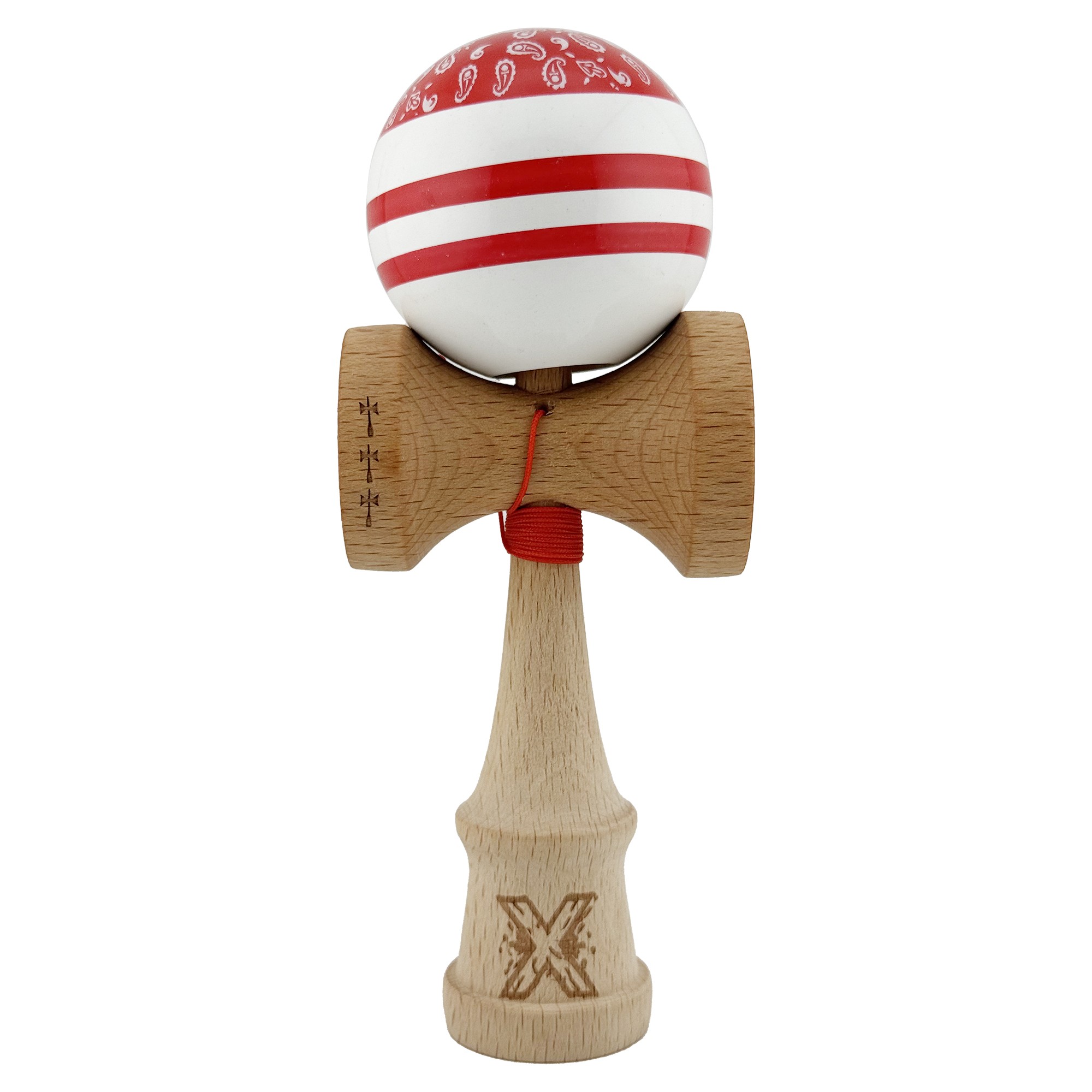 Kendama X CHICANOS Originala, Profesionala, Flippy, Big Cups V2, Super Sticky cu Cupe Mari, Rulment Metalic, din lemn 18 cm, Ata 55 cm, Rosu/Alb