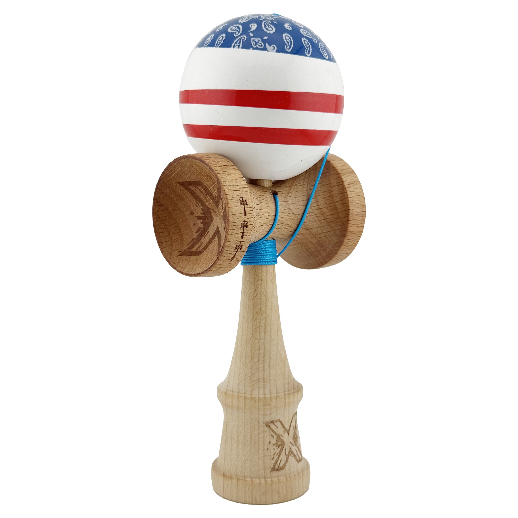 Kendama X CHICANOS Originala, Profesionala, Flippy, Big Cups V2, Super Sticky cu Cupe Mari, Rulment Metalic, din lemn 18 cm, Ata 55 cm, Albastru/Alb