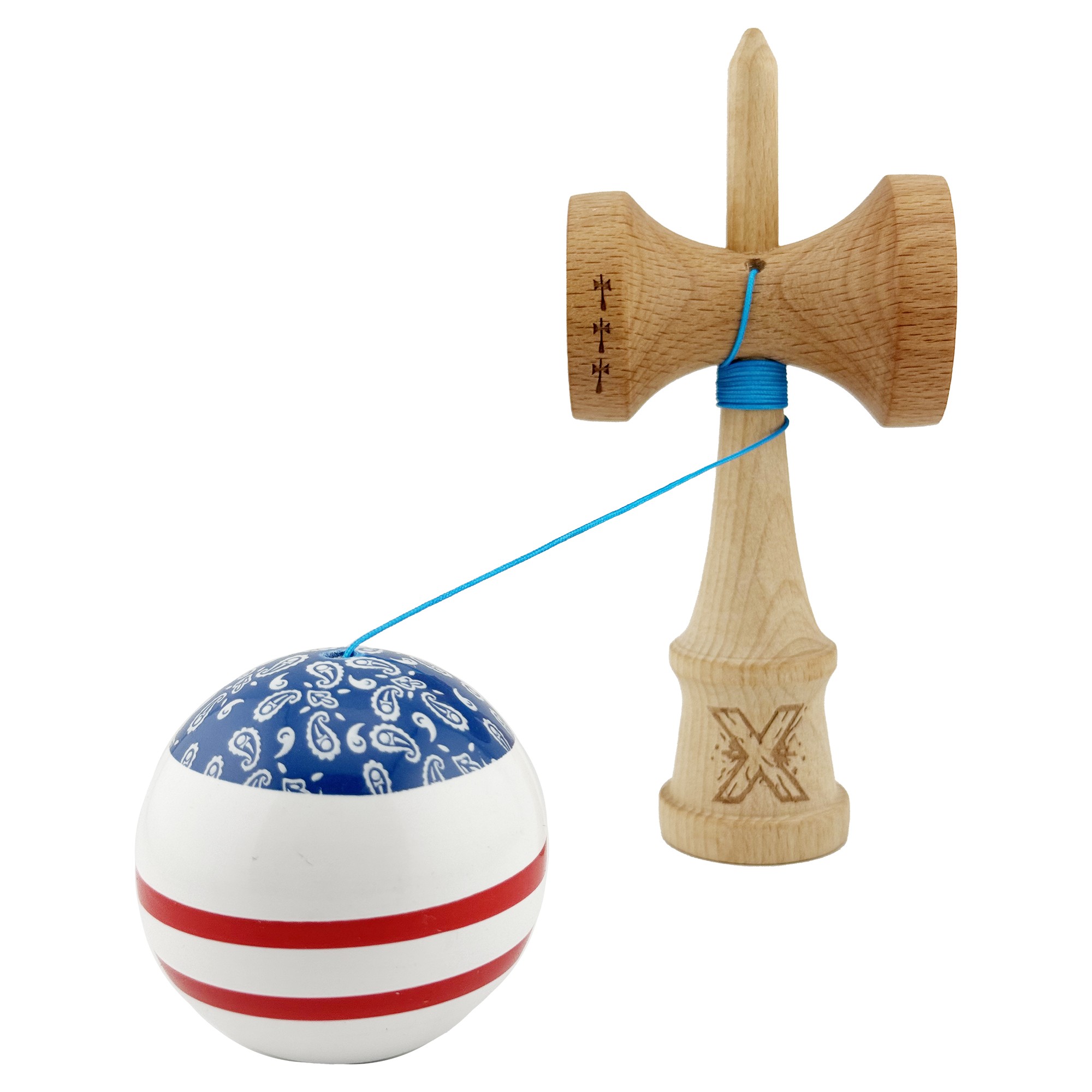 Kendama X CHICANOS Originala, Profesionala, Flippy, Big Cups V2, Super Sticky cu Cupe Mari, Rulment Metalic, din lemn 18 cm, Ata 55 cm, Albastru/Alb