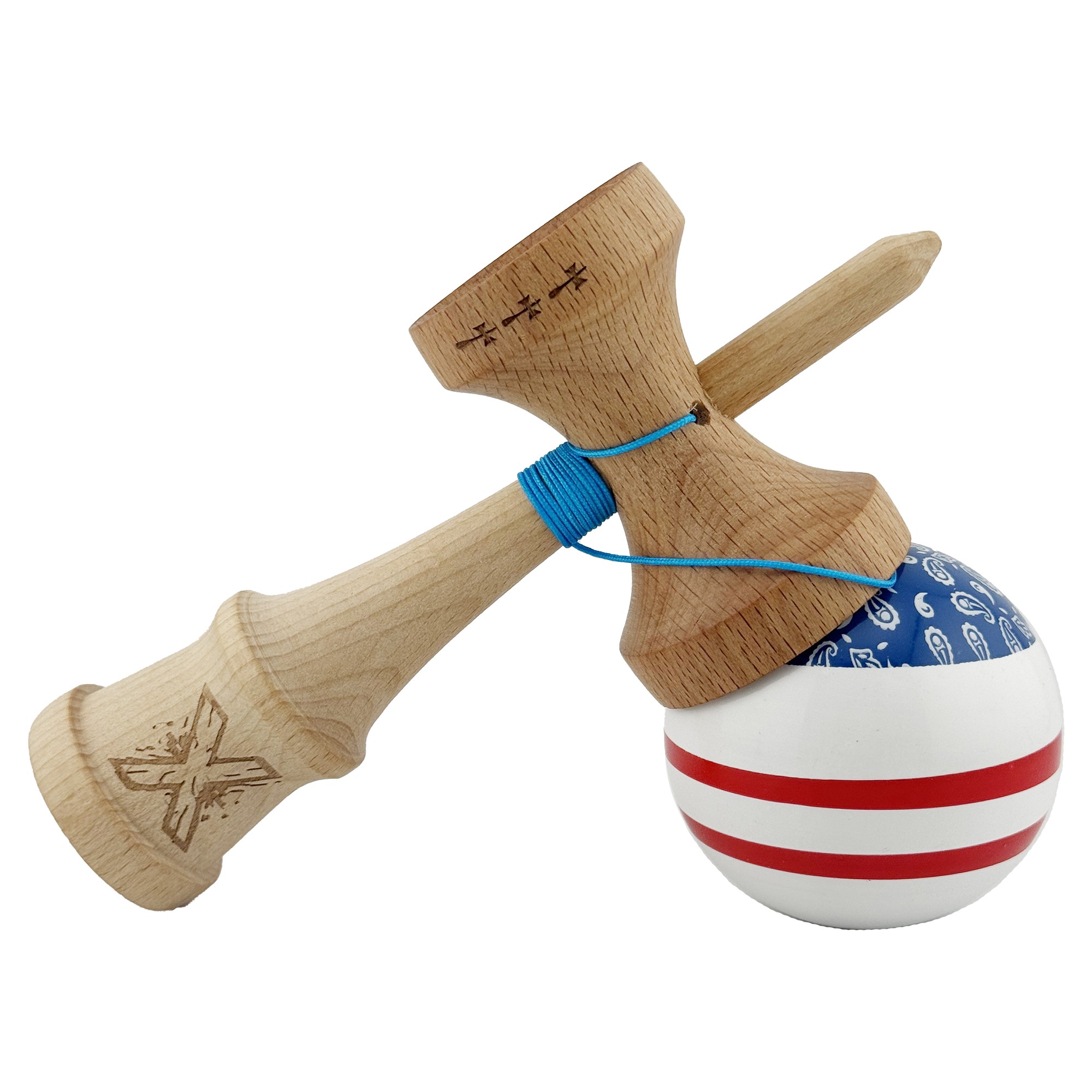 Kendama X CHICANOS Originala, Profesionala, Flippy, Big Cups V2, Super Sticky cu Cupe Mari, Rulment Metalic, din lemn 18 cm, Ata 55 cm, Albastru/Alb