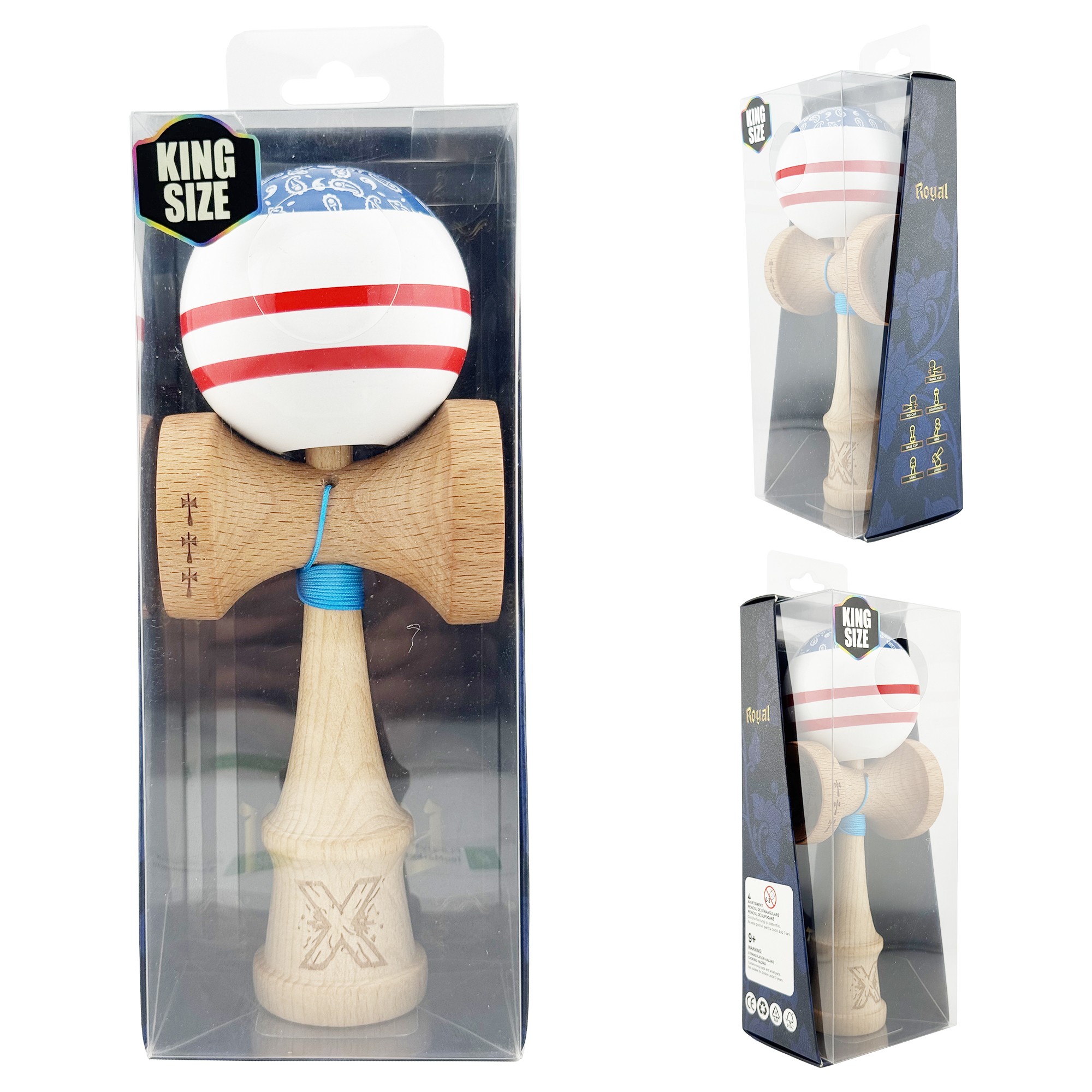 Kendama X CHICANOS Originala, Profesionala, Flippy, Big Cups V2, Super Sticky cu Cupe Mari, Rulment Metalic, din lemn 18 cm, Ata 55 cm, Albastru/Alb