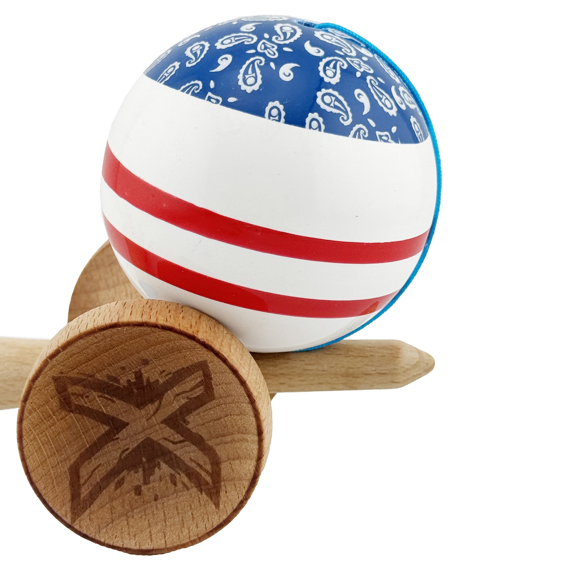 Kendama X CHICANOS Originala, Profesionala, Flippy, Big Cups V2, Super Sticky cu Cupe Mari, Rulment Metalic, din lemn 18 cm, Ata 55 cm, Albastru/Alb