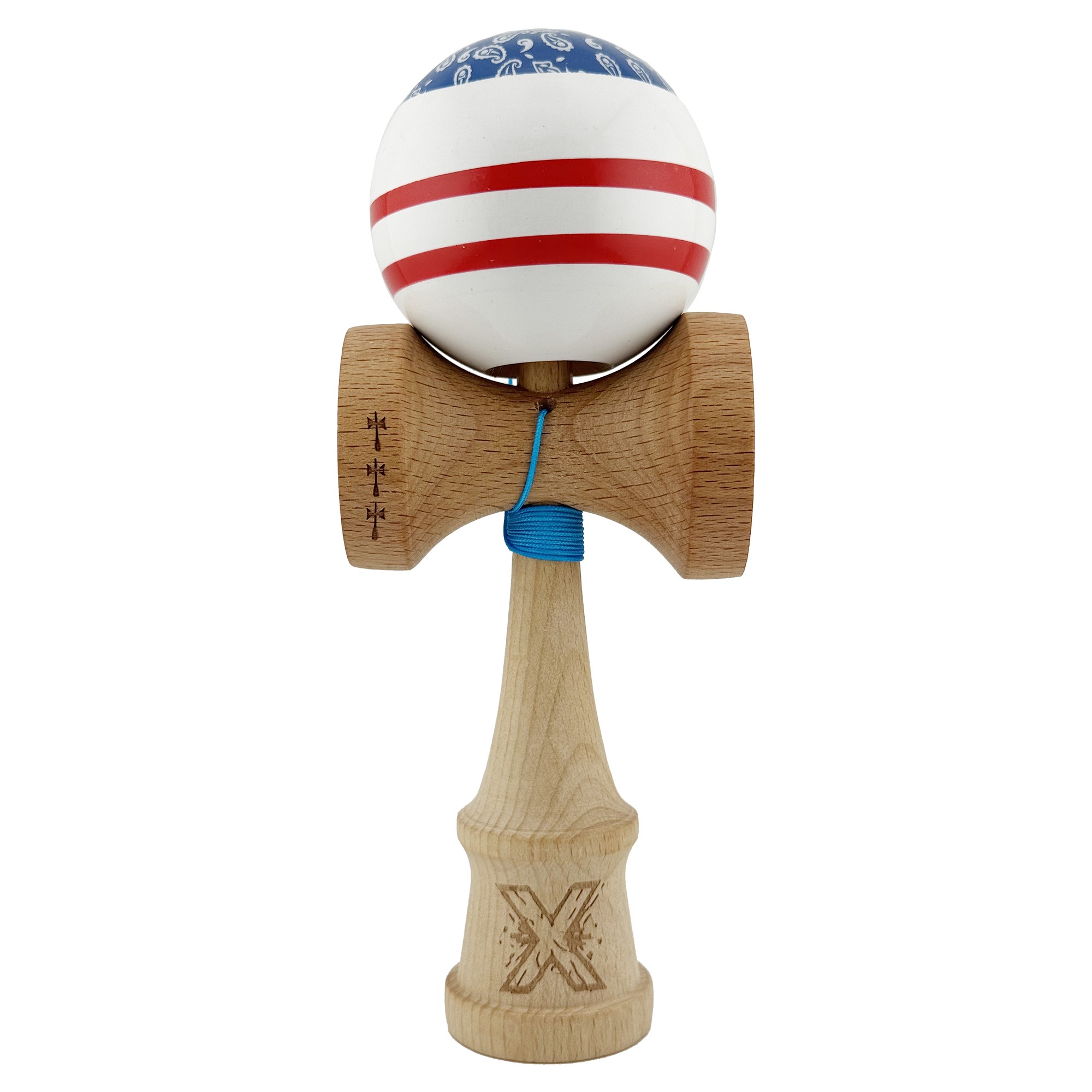 Kendama X CHICANOS Originala, Profesionala, Flippy, Big Cups V2, Super Sticky cu Cupe Mari, Rulment Metalic, din lemn 18 cm, Ata 55 cm, Albastru/Alb
