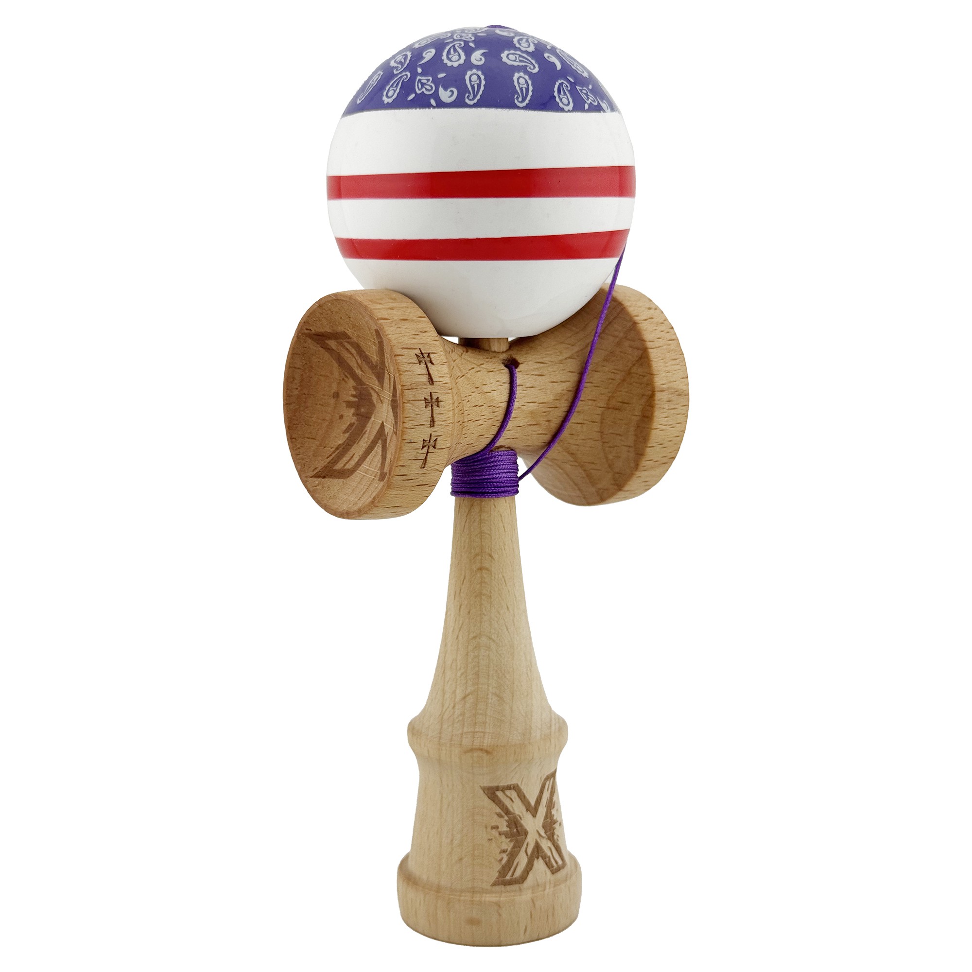 Kendama X CHICANOS Originala, Profesionala, Flippy, Big Cups V2, Super Sticky cu Cupe Mari, Rulment Metalic, din lemn 18 cm, Ata 55 cm, Violet/Alb