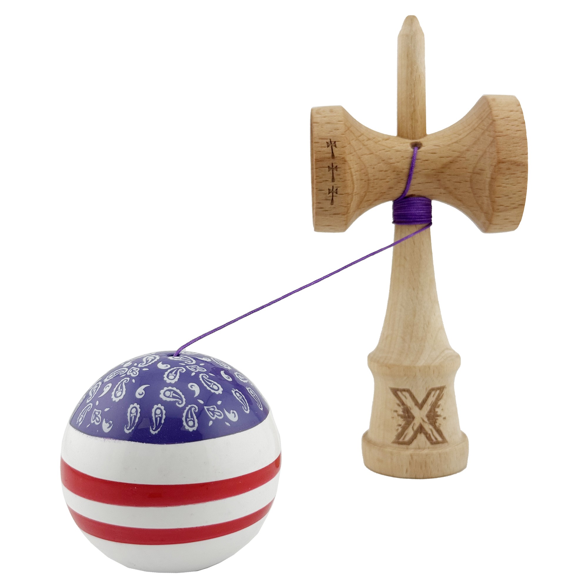 Kendama X CHICANOS Originala, Profesionala, Flippy, Big Cups V2, Super Sticky cu Cupe Mari, Rulment Metalic, din lemn 18 cm, Ata 55 cm, Violet/Alb