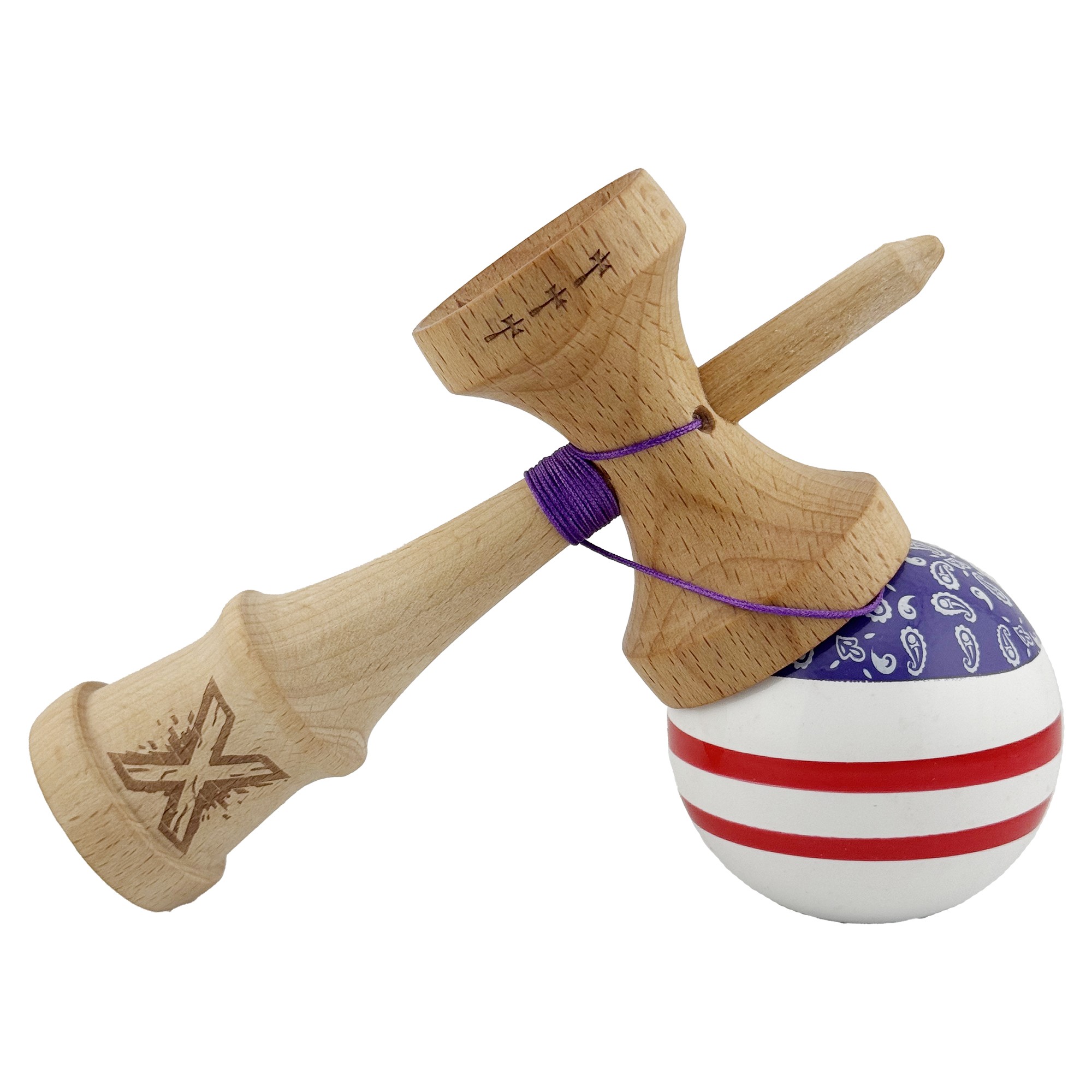 Kendama X CHICANOS Originala, Profesionala, Flippy, Big Cups V2, Super Sticky cu Cupe Mari, Rulment Metalic, din lemn 18 cm, Ata 55 cm, Violet/Alb