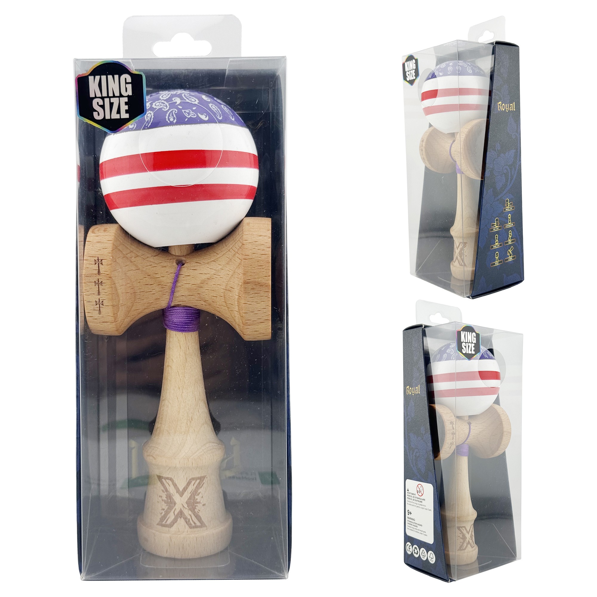 Kendama X CHICANOS Originala, Profesionala, Flippy, Big Cups V2, Super Sticky cu Cupe Mari, Rulment Metalic, din lemn 18 cm, Ata 55 cm, Violet/Alb