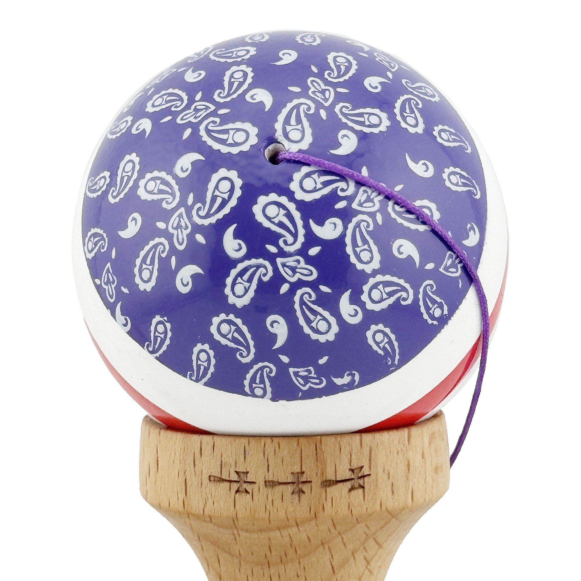 Kendama X CHICANOS Originala, Profesionala, Flippy, Big Cups V2, Super Sticky cu Cupe Mari, Rulment Metalic, din lemn 18 cm, Ata 55 cm, Violet/Alb