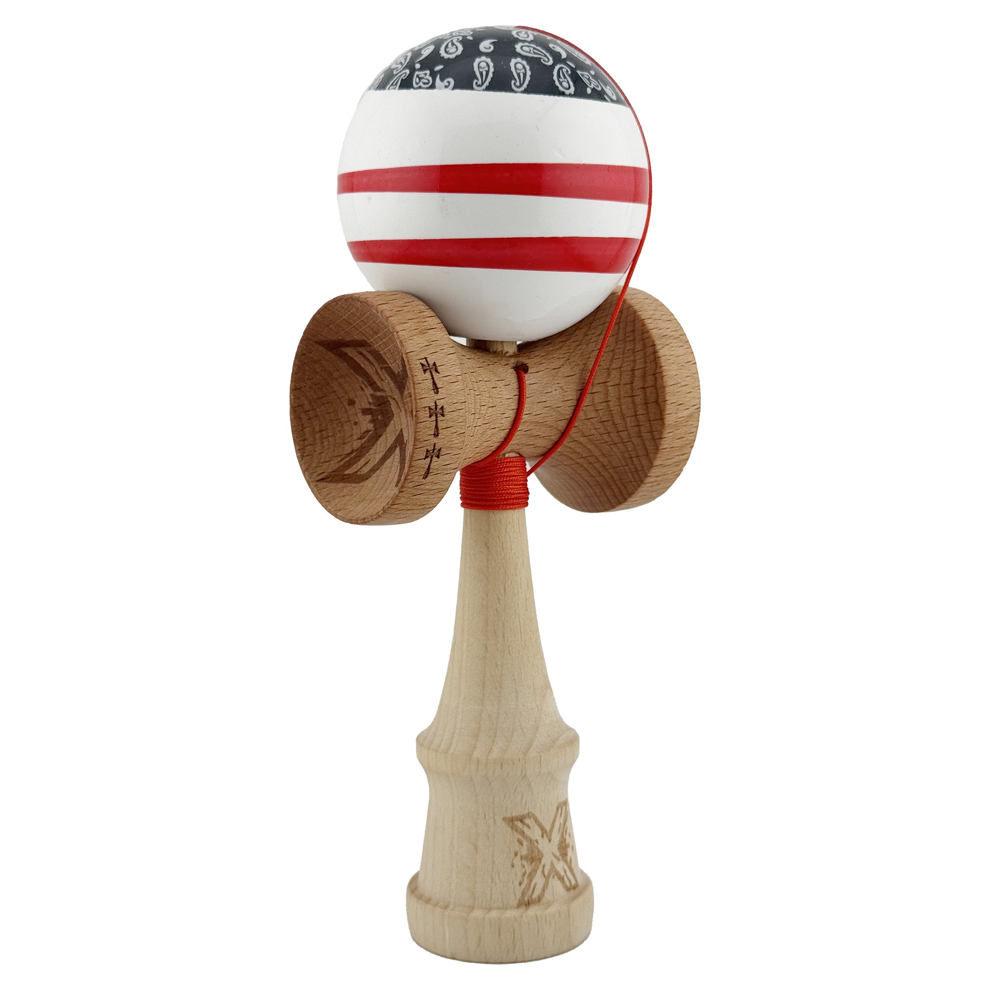 Kendama X CHICANOS Originala, Profesionala, Flippy, Big Cups V2, Super Sticky cu Cupe Mari, Rulment Metalic, din lemn 18 cm, Ata 55 cm, Negru/Alb