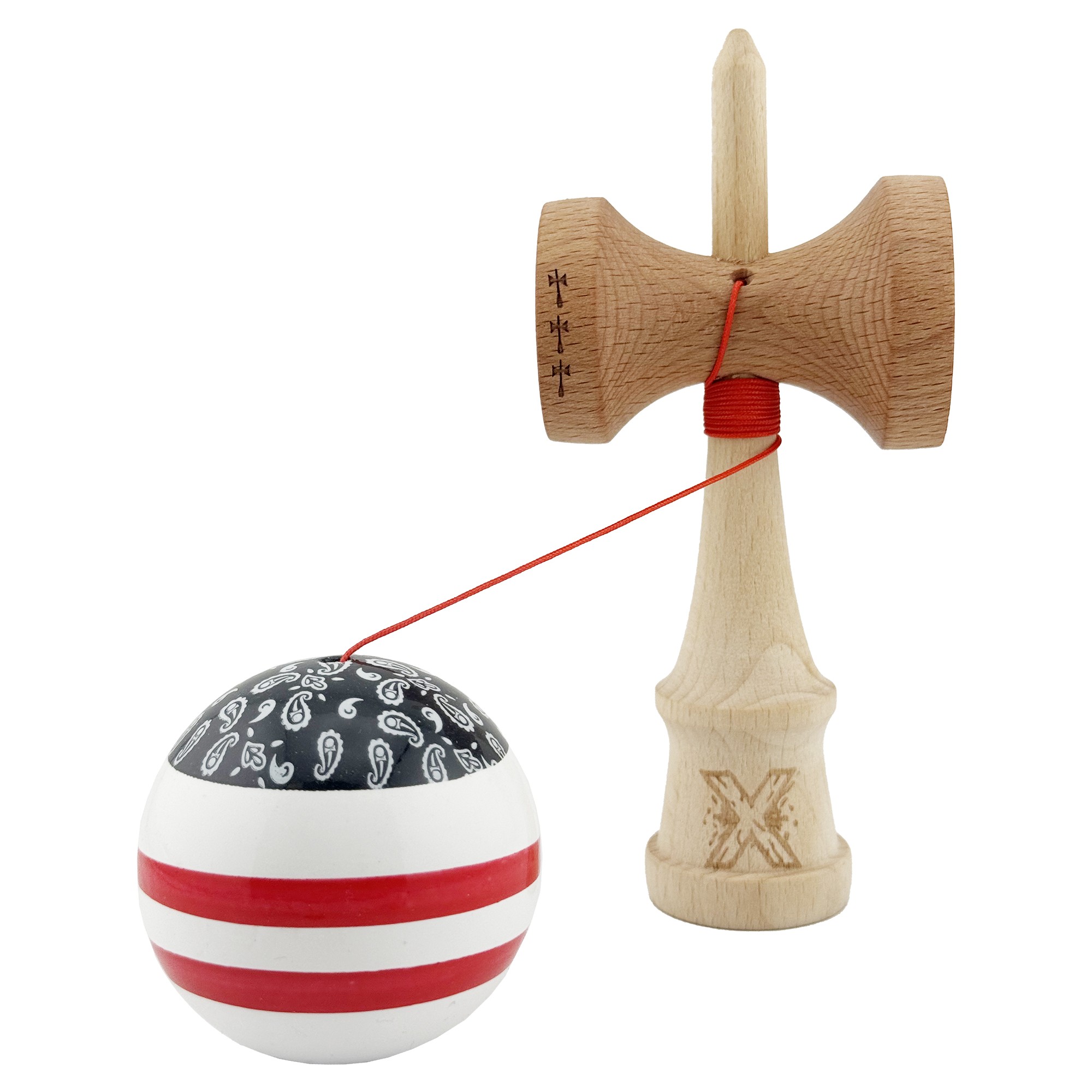 Kendama X CHICANOS Originala, Profesionala, Flippy, Big Cups V2, Super Sticky cu Cupe Mari, Rulment Metalic, din lemn 18 cm, Ata 55 cm, Negru/Alb