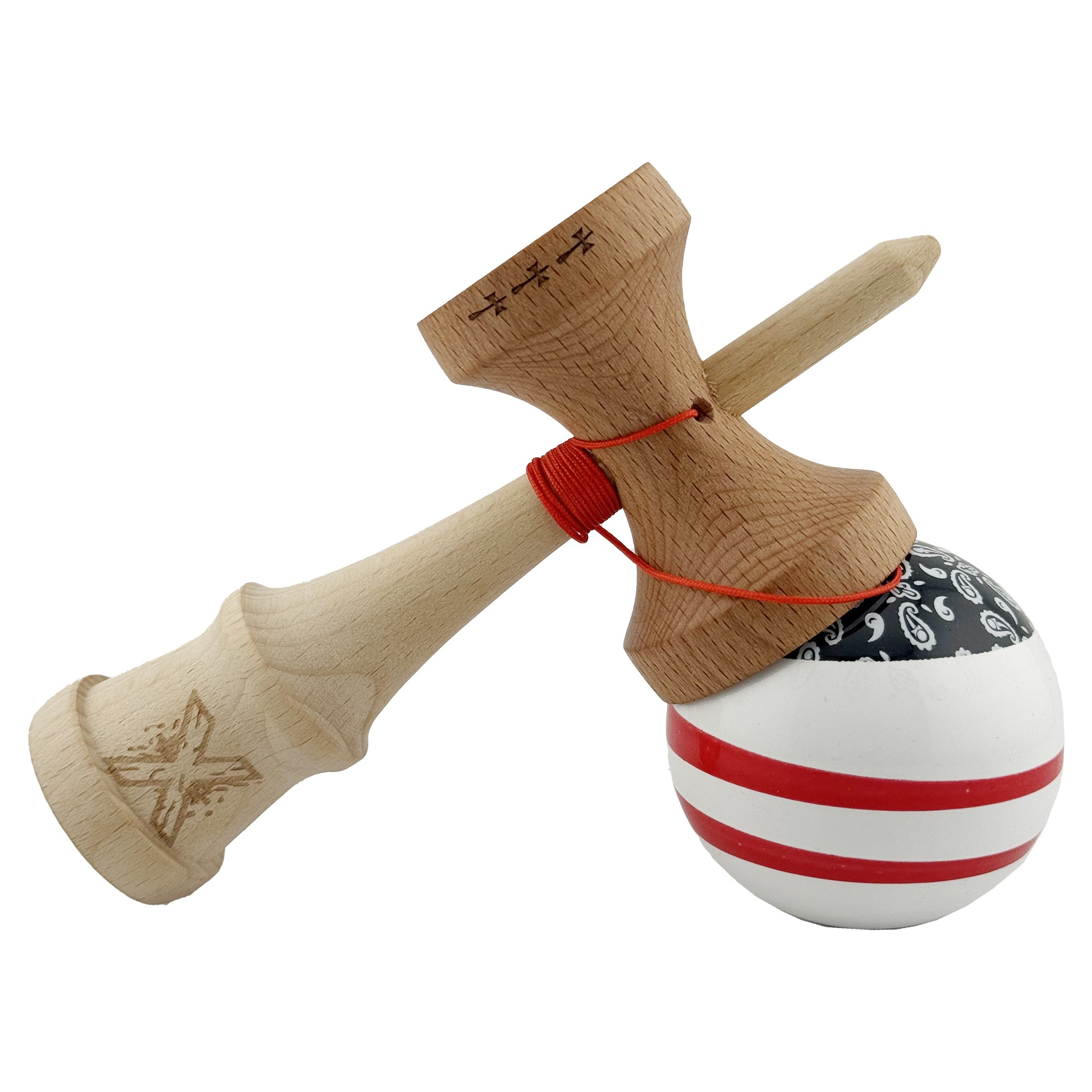Kendama X CHICANOS Originala, Profesionala, Flippy, Big Cups V2, Super Sticky cu Cupe Mari, Rulment Metalic, din lemn 18 cm, Ata 55 cm, Negru/Alb