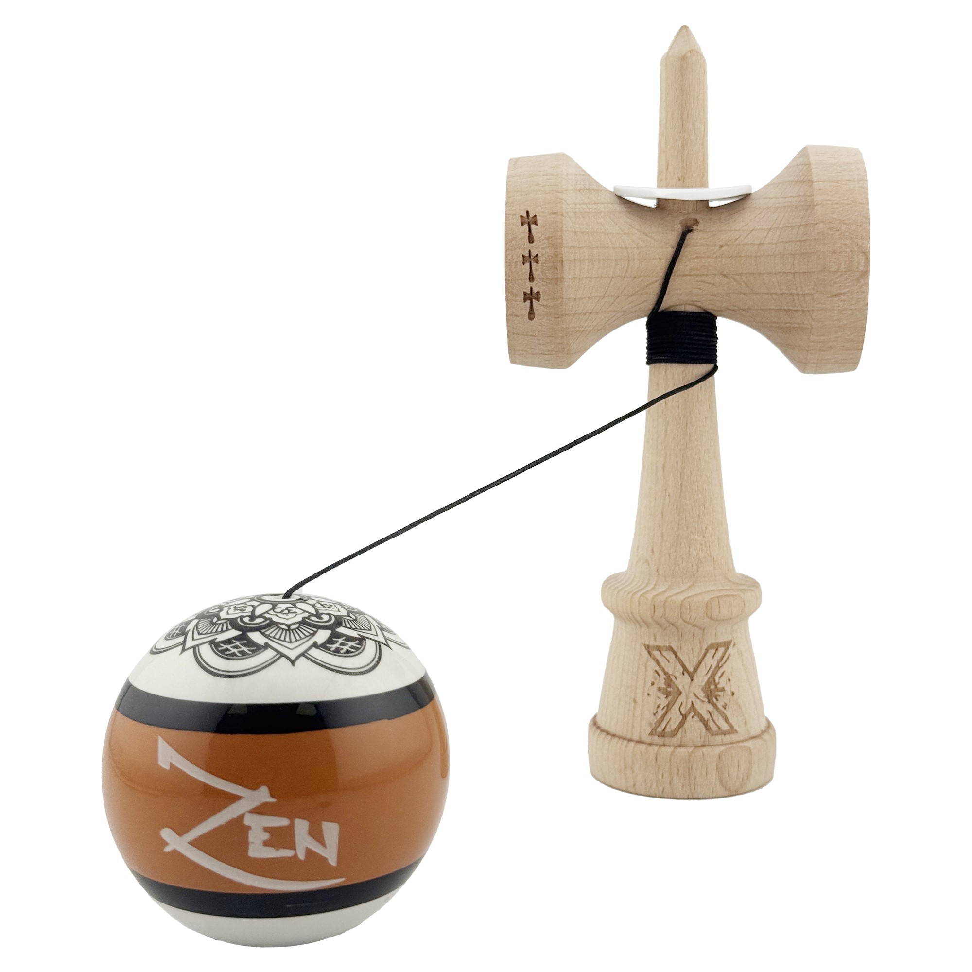 Kendama X Zen Series Originala, Profesionala, Flippy, Cupe Mari KING SIZE V3, Super Sticky, Gaura in Baza, Rulment Metalic, din lemn 18 cm, Ata 55 cm, Maro