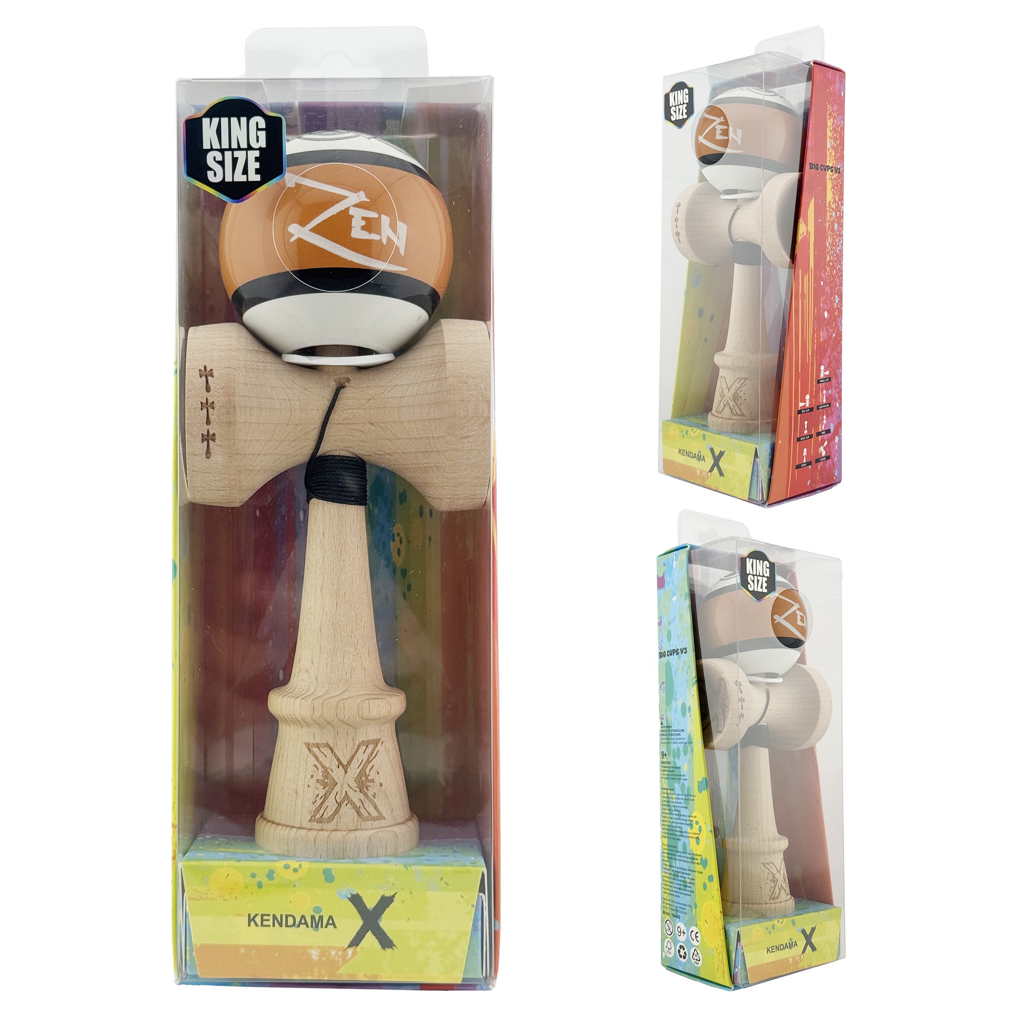 Kendama X Zen Series Originala, Profesionala, Flippy, Cupe Mari KING SIZE V3, Super Sticky, Gaura in Baza, Rulment Metalic, din lemn 18 cm, Ata 55 cm, Maro