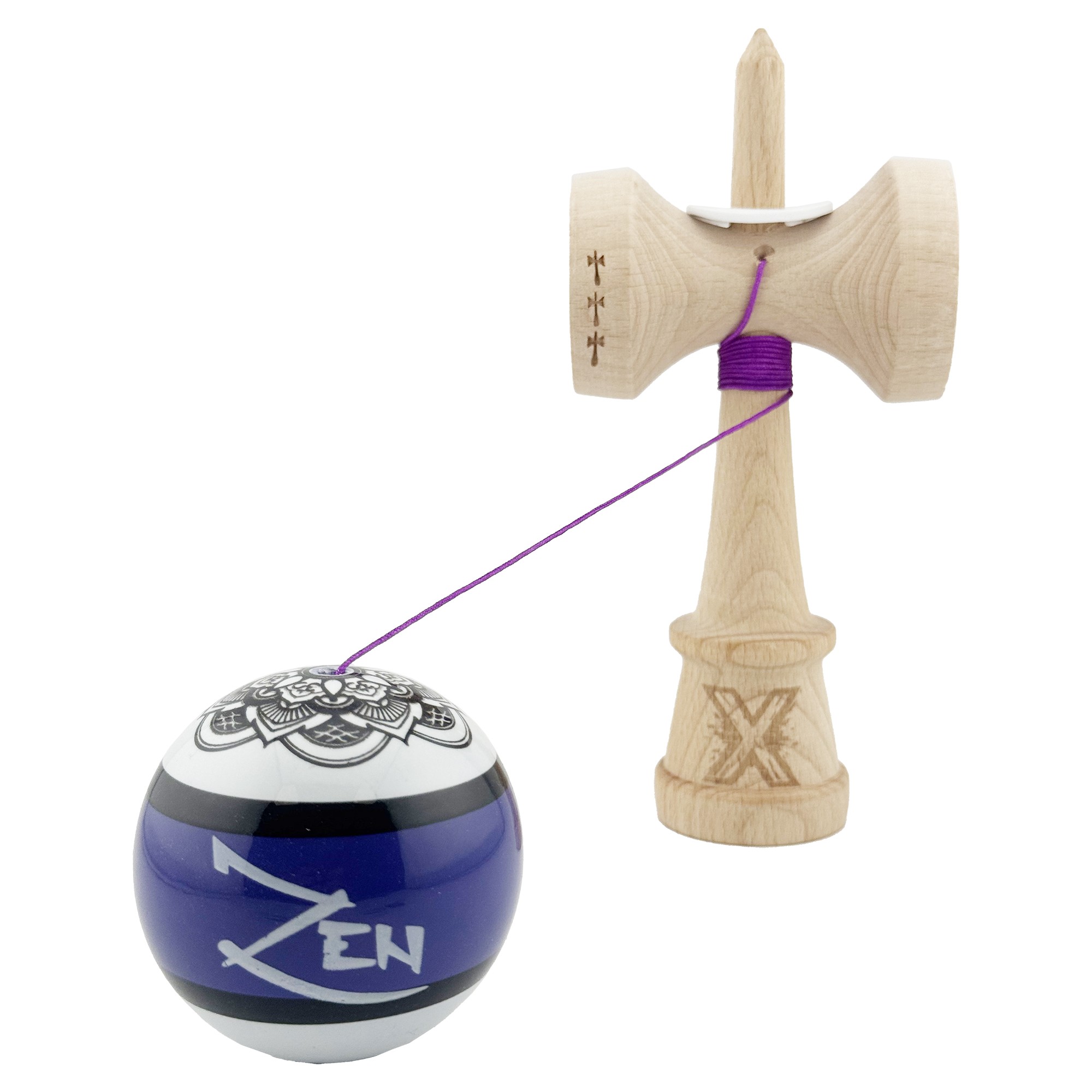 Kendama X Zen Series Originala, Profesionala, Flippy, Cupe Mari KING SIZE V3, Super Sticky, Gaura in Baza, Rulment Metalic, din lemn 18 cm, Ata 55 cm, Violet