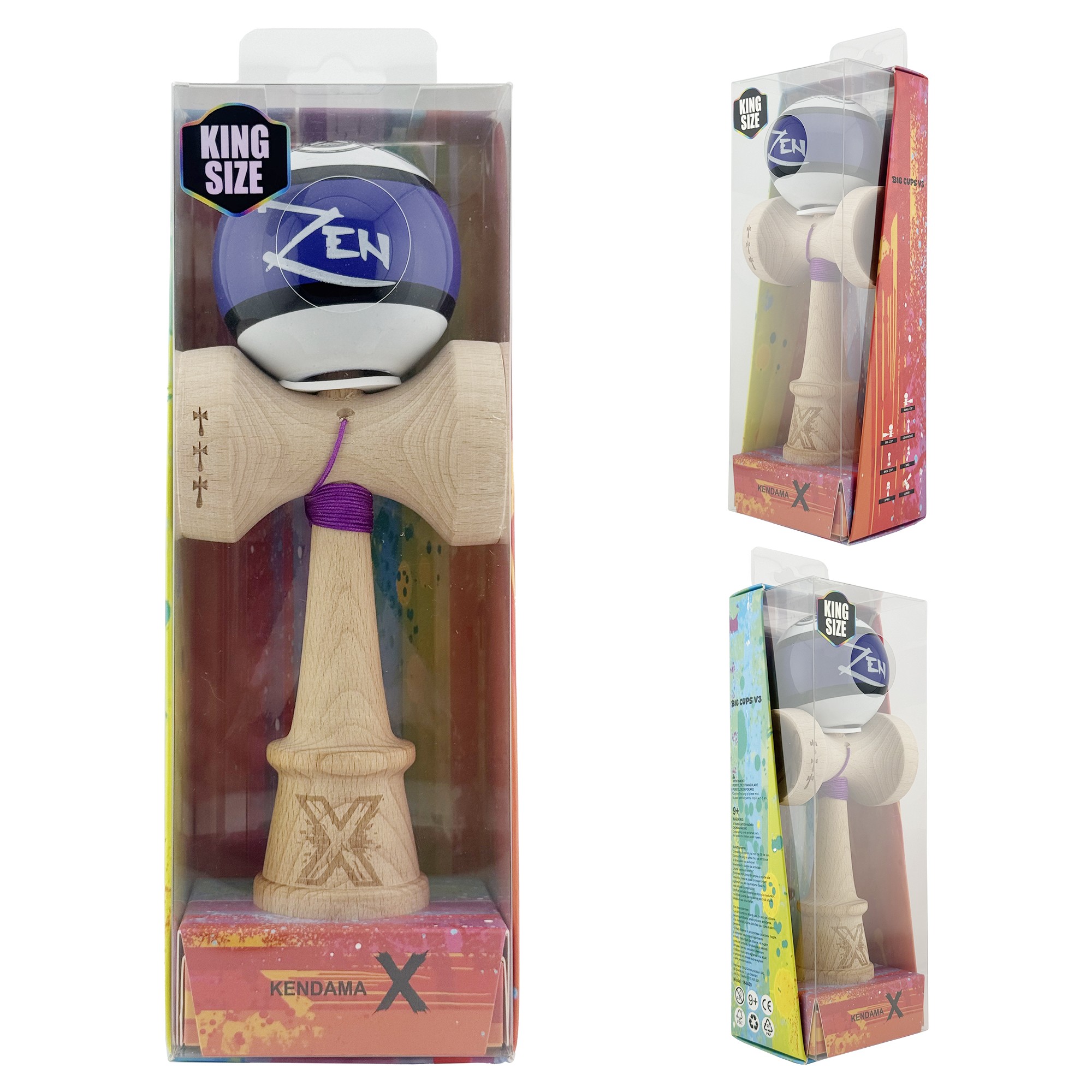 Kendama X Zen Series Originala, Profesionala, Flippy, Cupe Mari KING SIZE V3, Super Sticky, Gaura in Baza, Rulment Metalic, din lemn 18 cm, Ata 55 cm, Violet