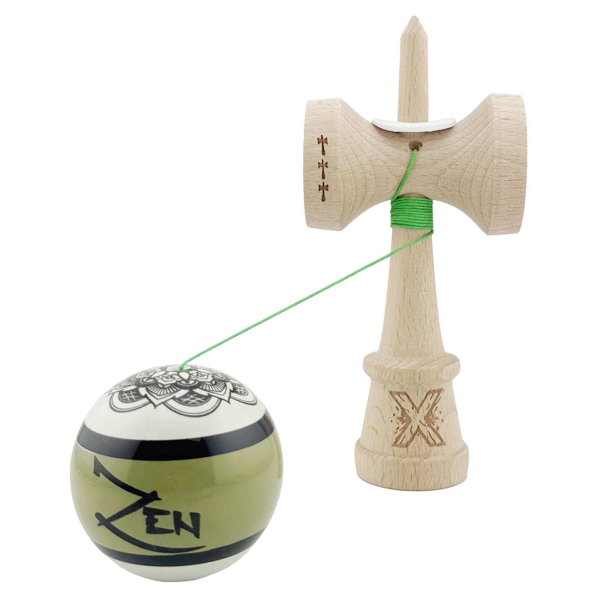 Kendama X Zen Series Originala, Profesionala, Flippy, Cupe Mari KING SIZE V3, Super Sticky, Gaura in Baza, Rulment Metalic, din lemn 18 cm, Ata 55 cm, Verde
