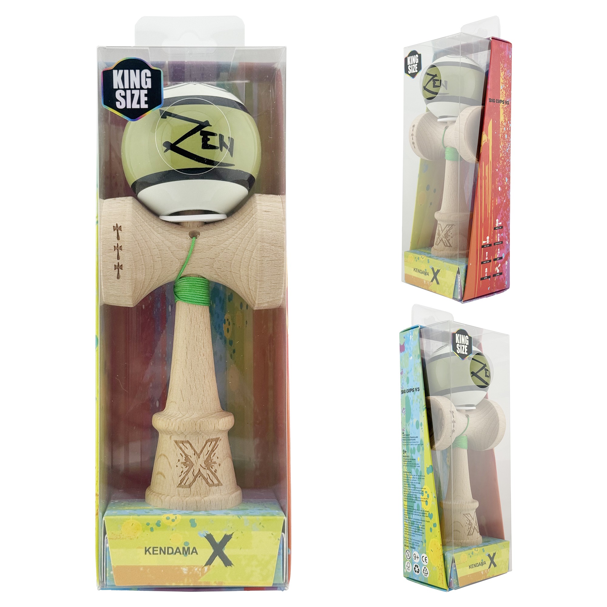 Kendama X Zen Series Originala, Profesionala, Flippy, Cupe Mari KING SIZE V3, Super Sticky, Gaura in Baza, Rulment Metalic, din lemn 18 cm, Ata 55 cm, Verde