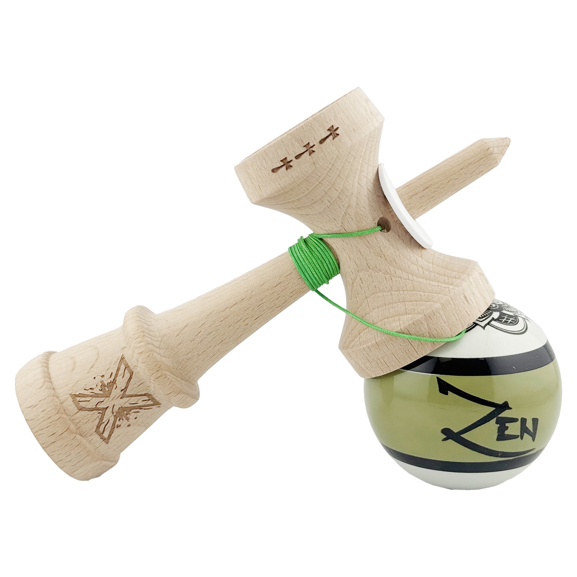 Kendama X Zen Series Originala, Profesionala, Flippy, Cupe Mari KING SIZE V3, Super Sticky, Gaura in Baza, Rulment Metalic, din lemn 18 cm, Ata 55 cm, Verde