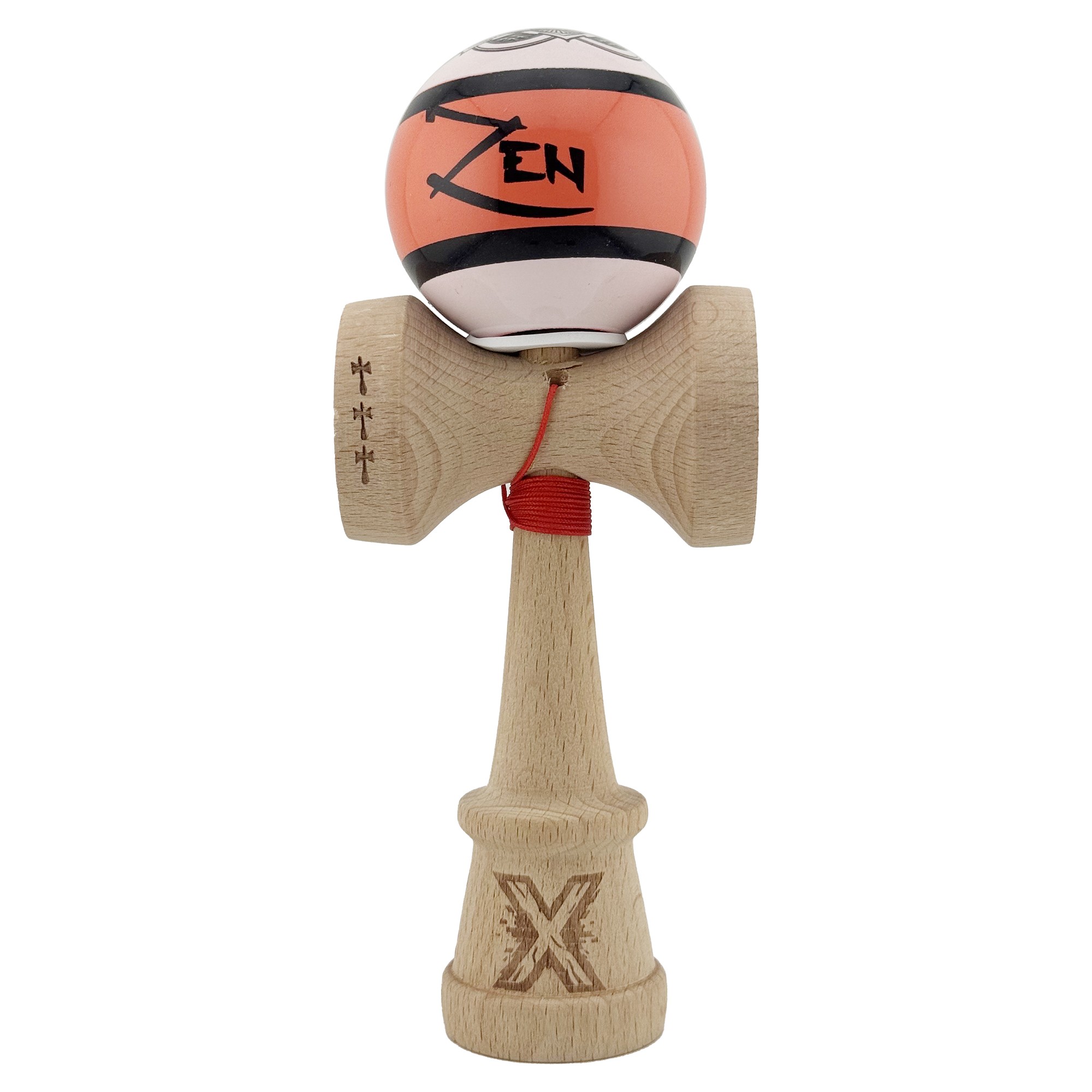 Kendama X Zen Series Originala, Profesionala, Flippy, Cupe Mari KING SIZE V3, Super Sticky, Gaura in Baza, Rulment Metalic, din lemn 18 cm, Ata 55 cm, Coral
