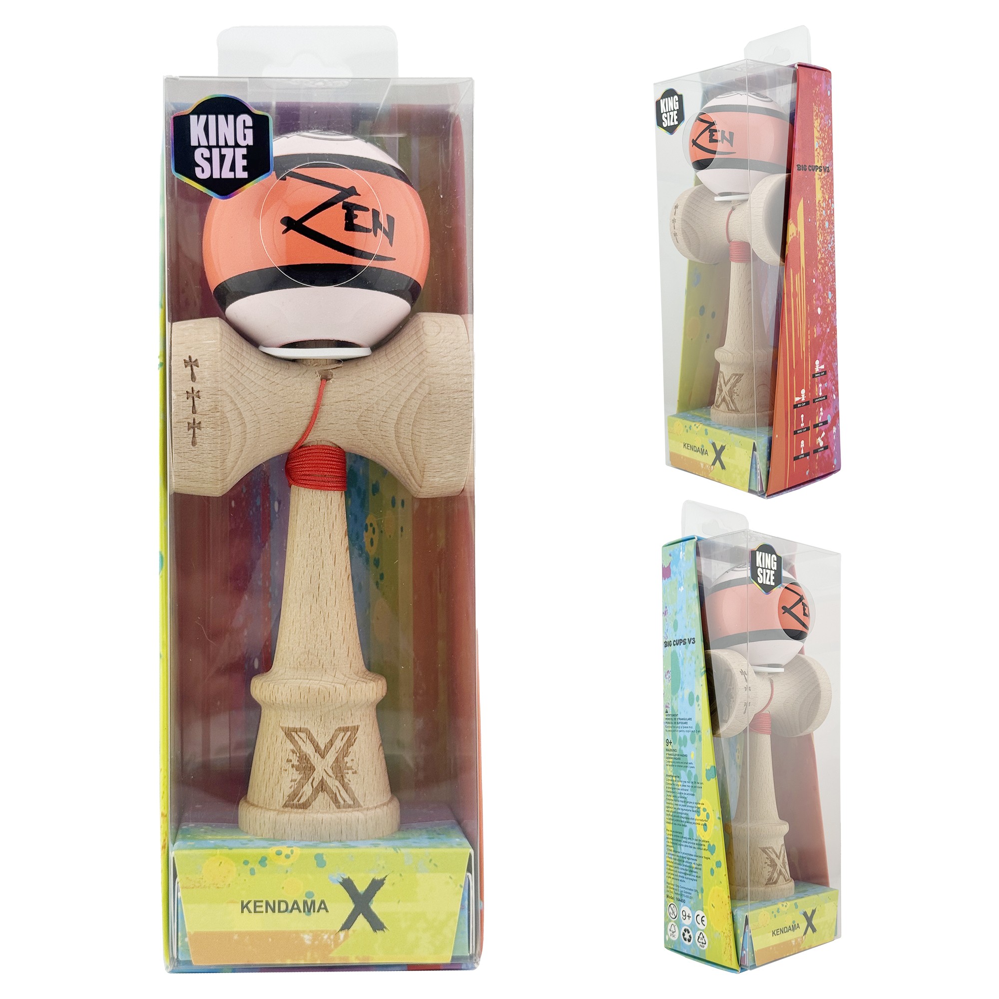 Kendama X Zen Series Originala, Profesionala, Flippy, Cupe Mari KING SIZE V3, Super Sticky, Gaura in Baza, Rulment Metalic, din lemn 18 cm, Ata 62/65 cm, Coral