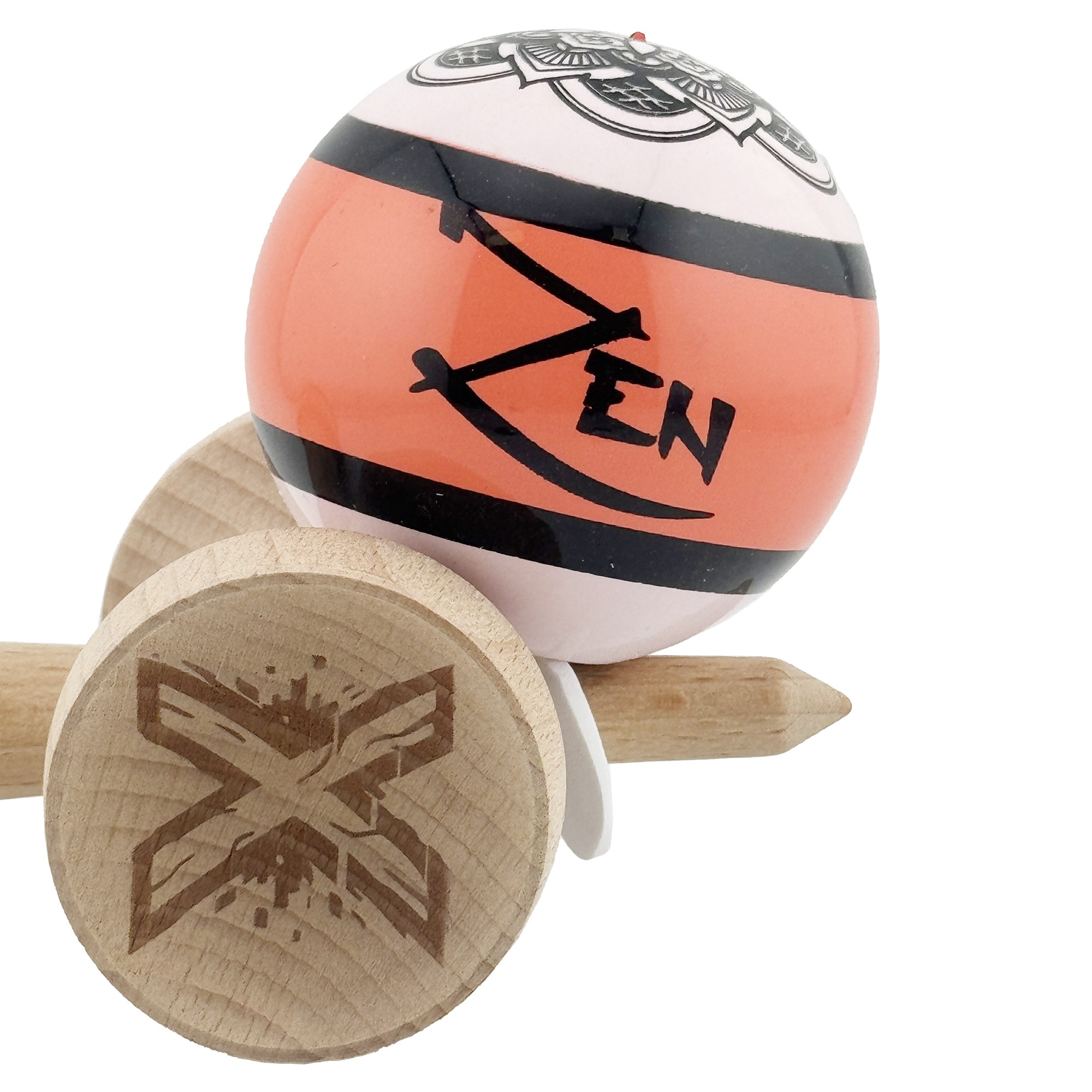 Kendama X Zen Series Originala, Profesionala, Flippy, Cupe Mari KING SIZE V3, Super Sticky, Gaura in Baza, Rulment Metalic, din lemn 18 cm, Ata 62/65 cm, Coral