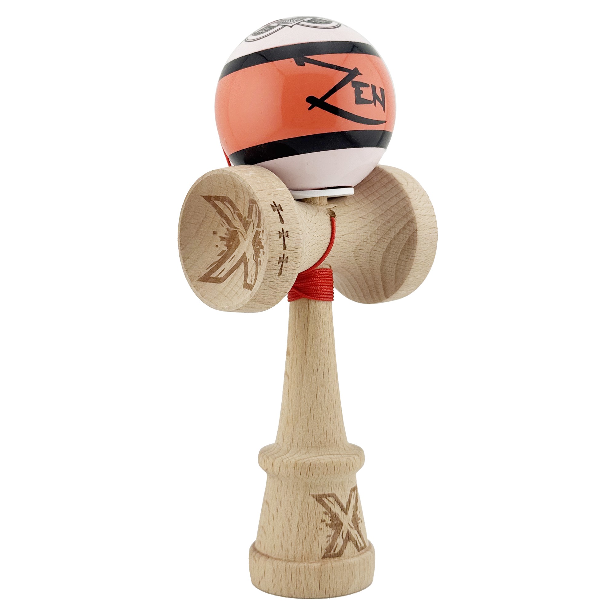 Kendama X Zen Series Originala, Profesionala, Flippy, Cupe Mari KING SIZE V3, Super Sticky, Gaura in Baza, Rulment Metalic, din lemn 18 cm, Ata 55 cm, Coral