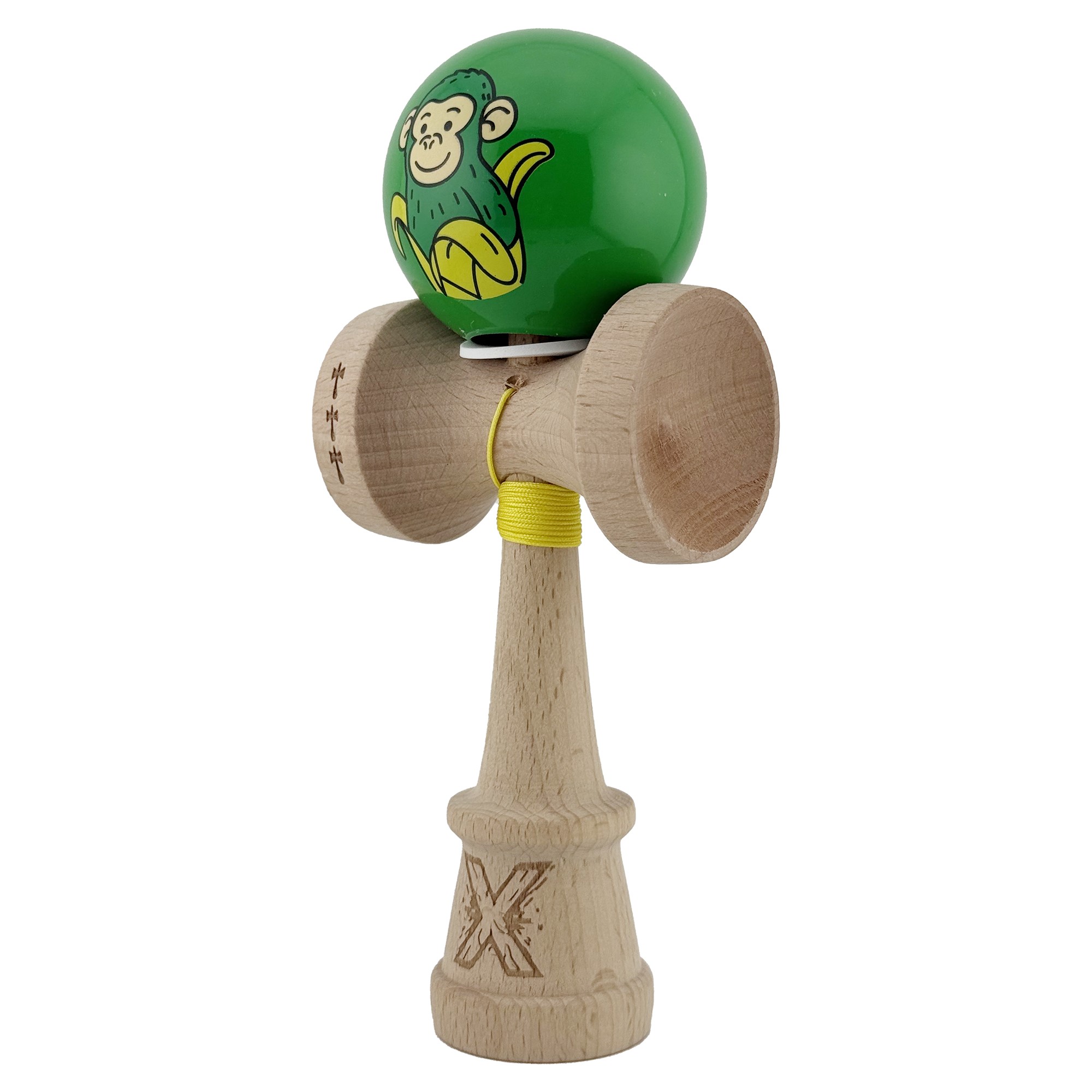 Kendama X Originala, Profesionala, Flippy, Green Monkey, Super Sticky cu Cupe Mari King Size V3, Rulment Metalic si Gaura in Baza, din Lemn 18 cm, Ata 62/65 cm, Verde