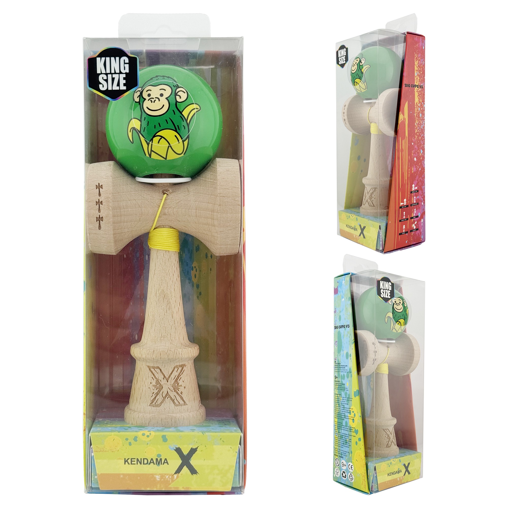 Kendama X Originala, Profesionala, Flippy, Green Monkey, Super Sticky cu Cupe Mari King Size V3, Rulment Metalic si Gaura in Baza, din Lemn 18 cm, Ata 62/65 cm, Verde