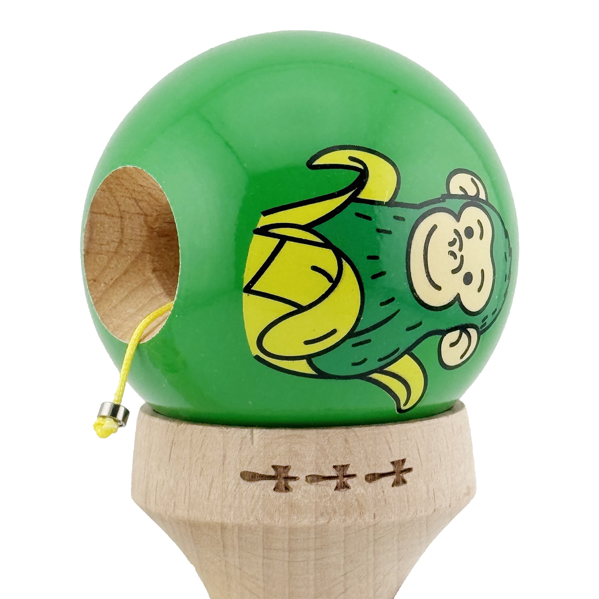 Kendama X Originala, Profesionala, Flippy, Green Monkey, Super Sticky cu Cupe Mari King Size V3, Rulment Metalic si Gaura in Baza, din Lemn 18 cm, Ata 62/65 cm, Verde