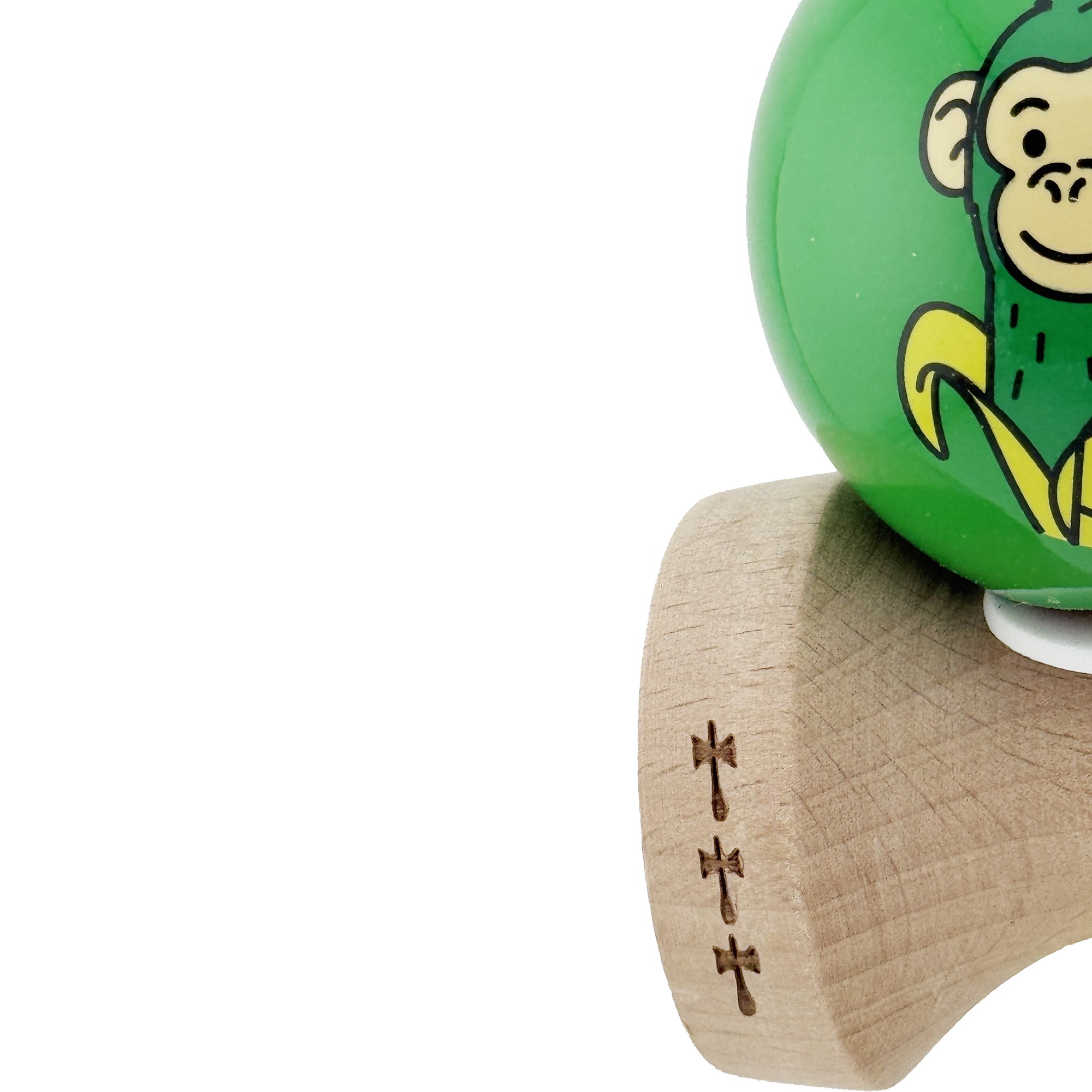 Kendama X Originala, Profesionala, Flippy, Green Monkey, Super Sticky cu Cupe Mari King Size V3, Rulment Metalic si Gaura in Baza, din Lemn 18 cm, Ata 62/65 cm, Verde