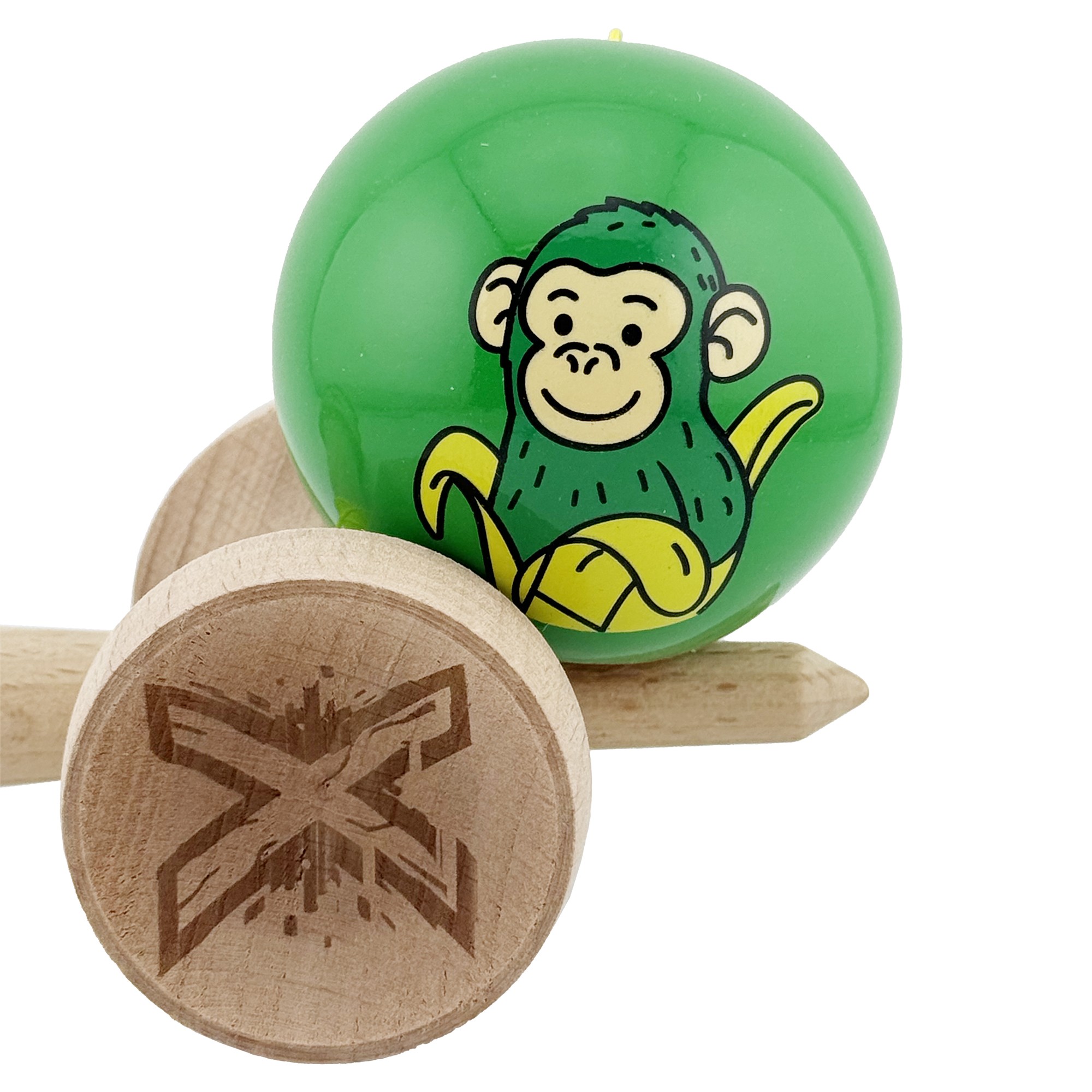 Kendama X Originala, Profesionala, Flippy, Green Monkey, Super Sticky cu Cupe Mari King Size V3, Rulment Metalic si Gaura in Baza, din Lemn 18 cm, Ata 62/65 cm, Verde