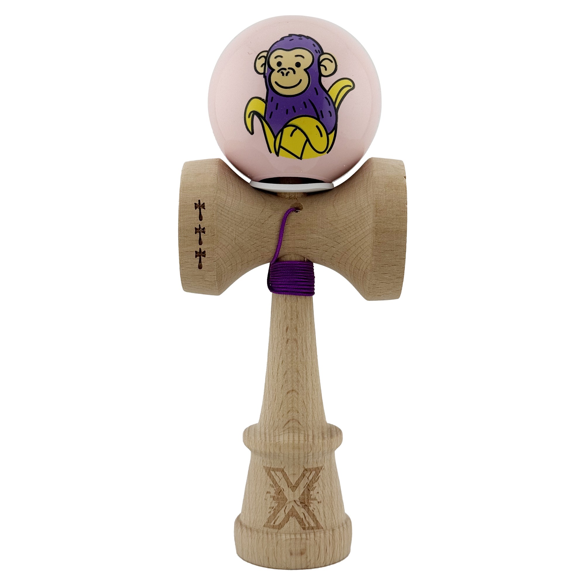 Kendama X Originala, Profesionala, Flippy, Violet Monkey, Super Sticky cu Cupe Mari King Size V3, Rulment Metalic si Gaura in Baza, din Lemn 18 cm, Ata 62/65 cm, Roz