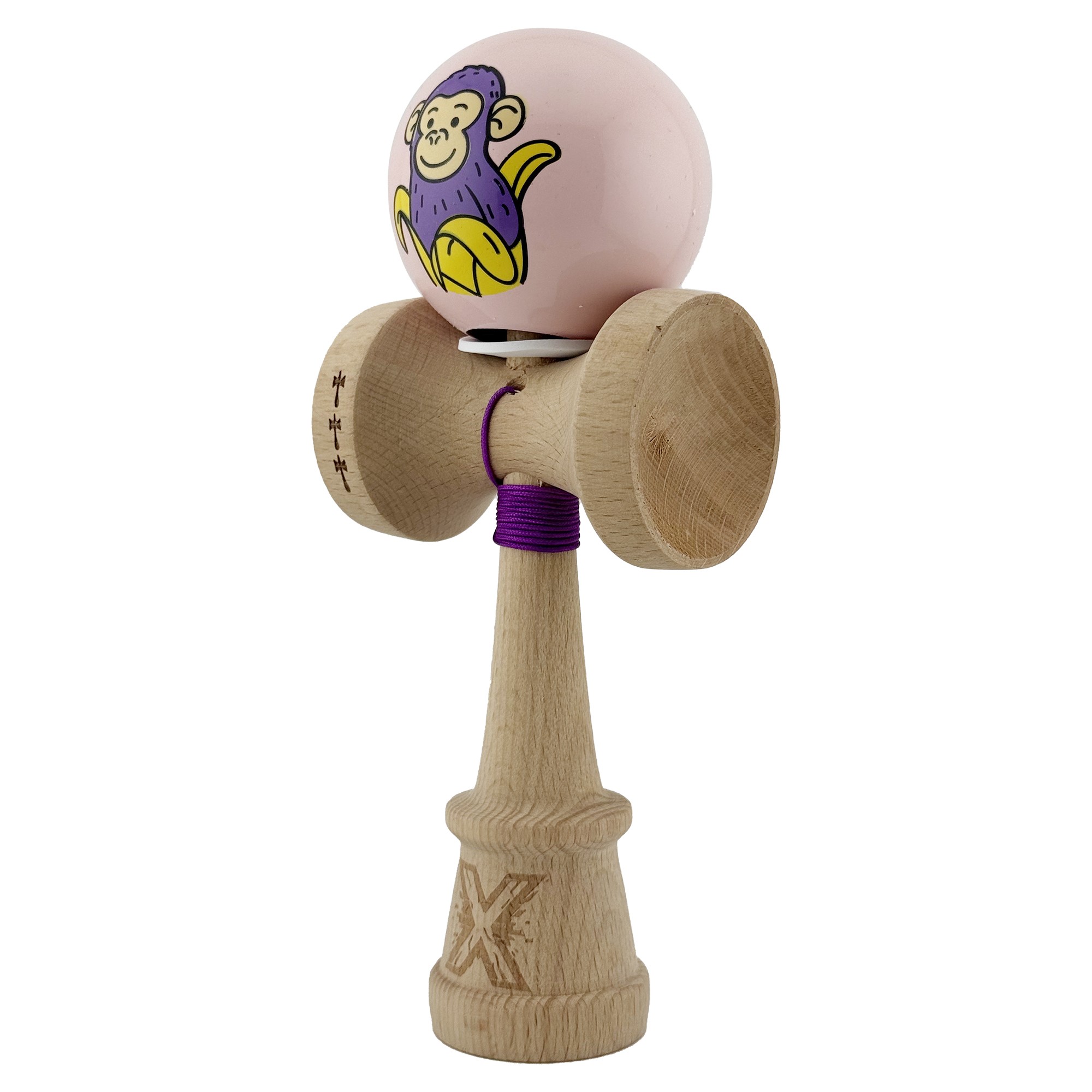 Kendama X Originala, Profesionala, Flippy, Violet Monkey, Super Sticky cu Cupe Mari King Size V3, Rulment Metalic si Gaura in Baza, din Lemn 18 cm, Ata 62/65 cm, Roz