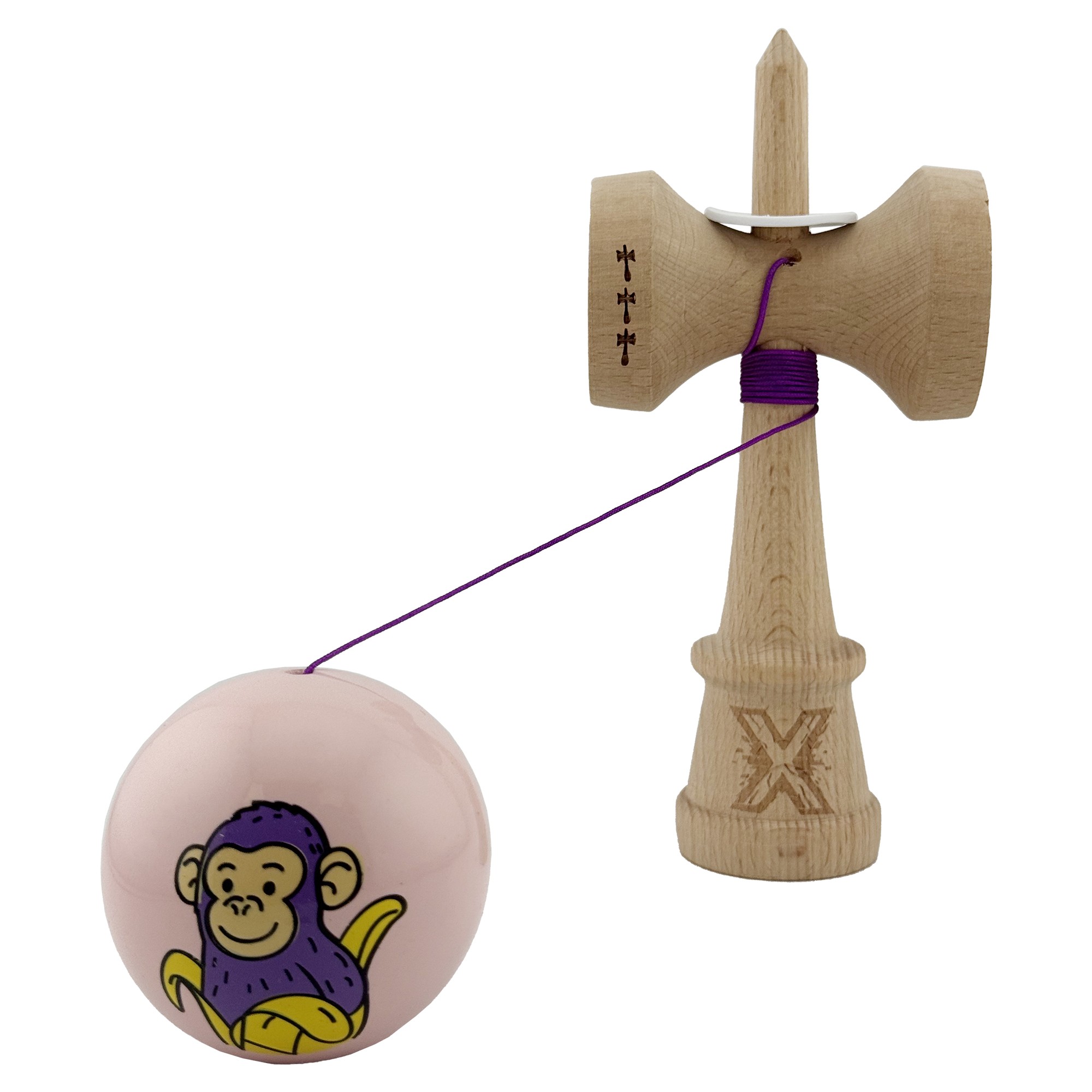 Kendama X Originala, Profesionala, Flippy, Violet Monkey, Super Sticky cu Cupe Mari King Size V3, Rulment Metalic si Gaura in Baza, din Lemn 18 cm, Ata 62/65 cm, Roz