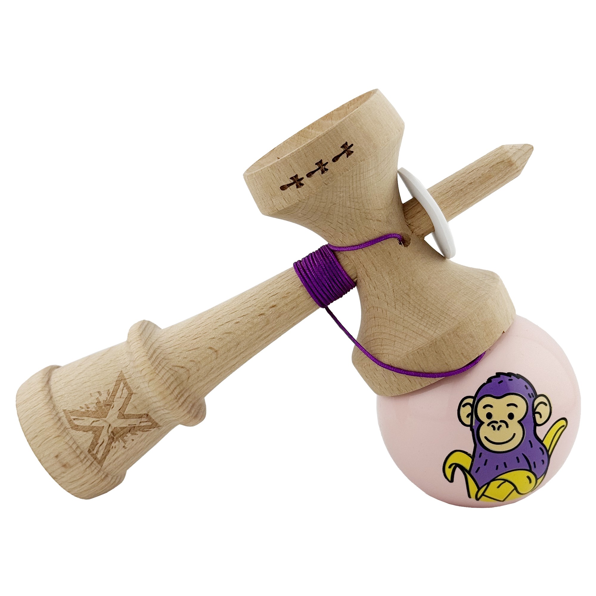 Kendama X Originala, Profesionala, Flippy, Violet Monkey, Super Sticky cu Cupe Mari King Size V3, Rulment Metalic si Gaura in Baza, din Lemn 18 cm, Ata 62/65 cm, Roz