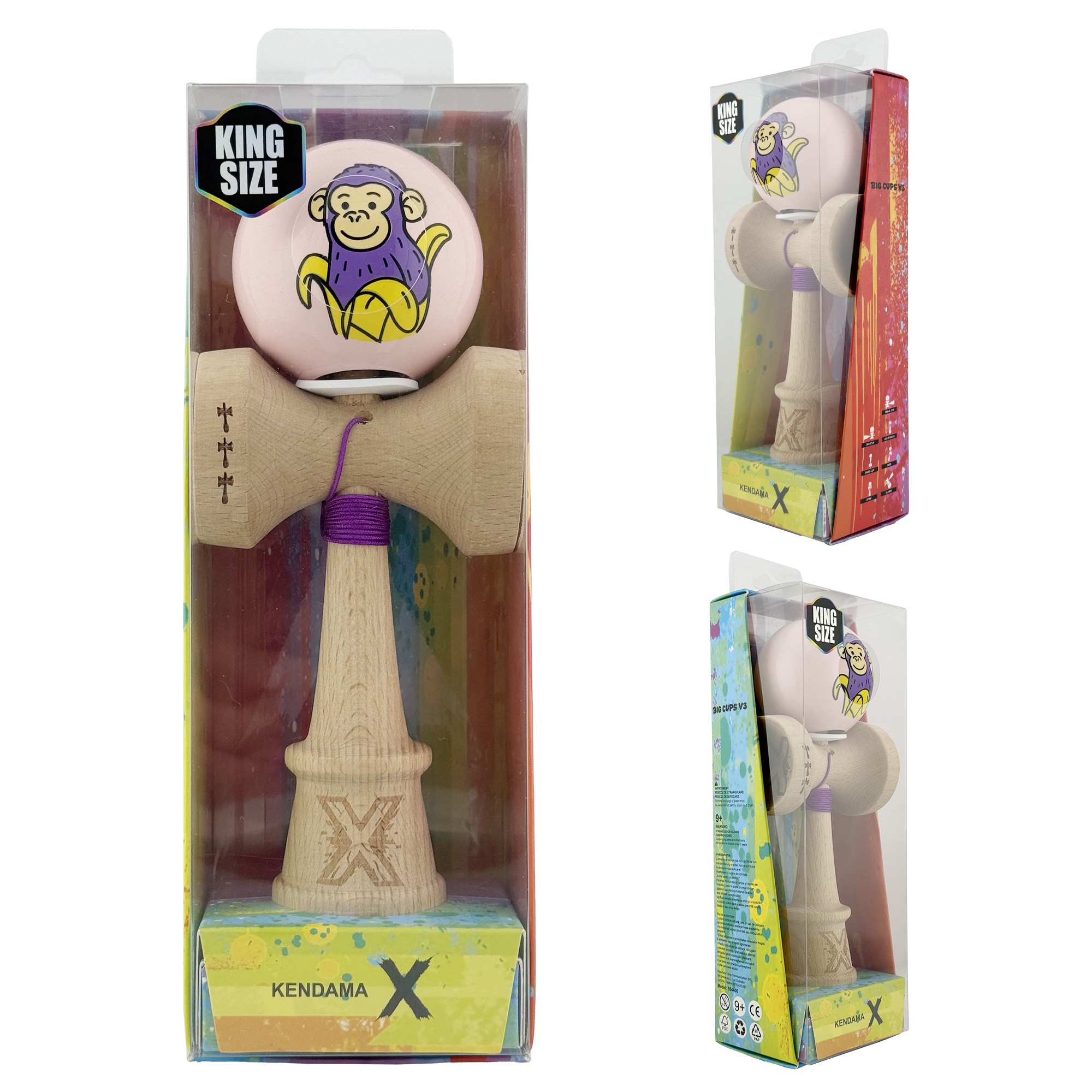 Kendama X Originala, Profesionala, Flippy, Violet Monkey, Super Sticky cu Cupe Mari King Size V3, Rulment Metalic si Gaura in Baza, din Lemn 18 cm, Ata 62/65 cm, Roz