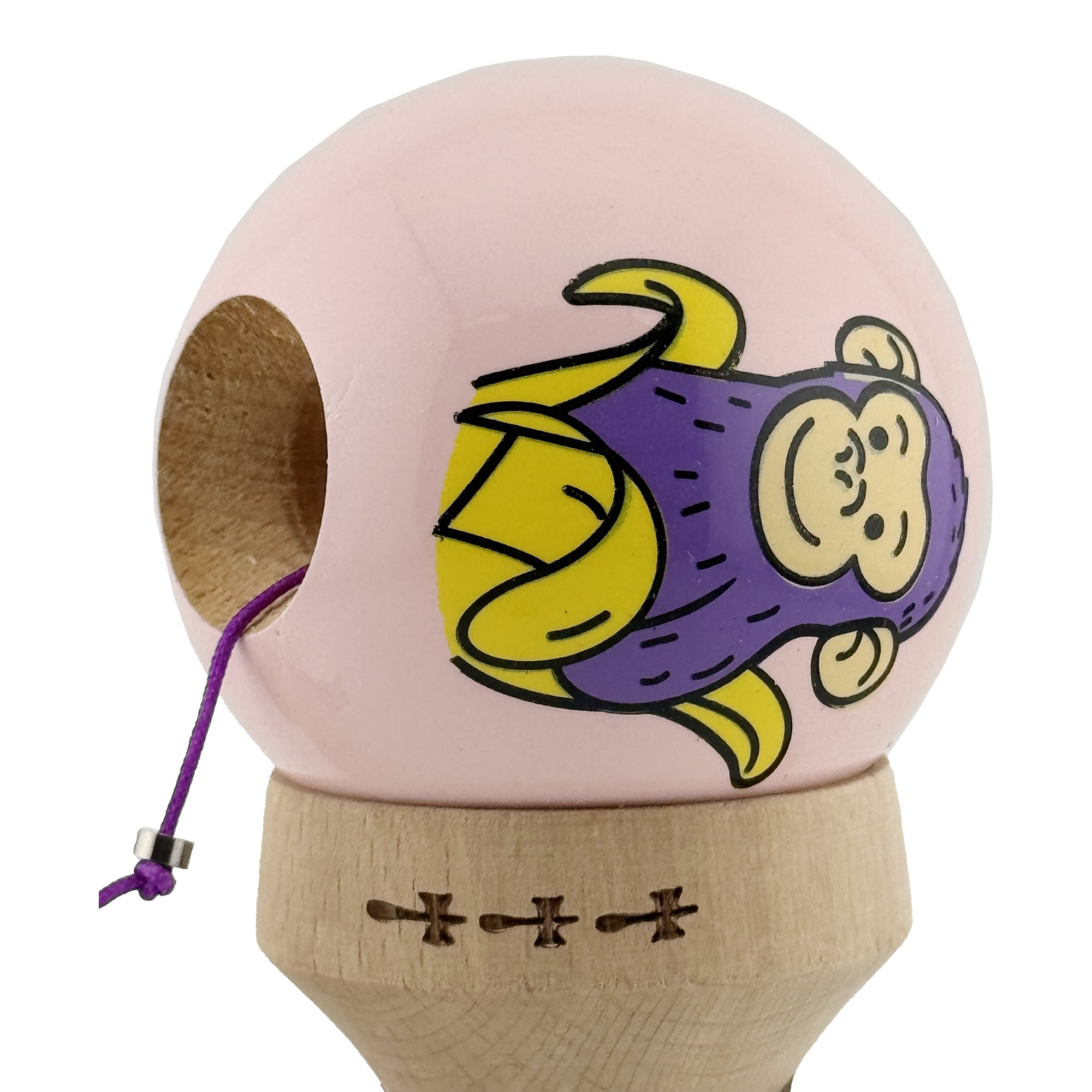 Kendama X Originala, Profesionala, Flippy, Violet Monkey, Super Sticky cu Cupe Mari King Size V3, Rulment Metalic si Gaura in Baza, din Lemn 18 cm, Ata 62/65 cm, Roz