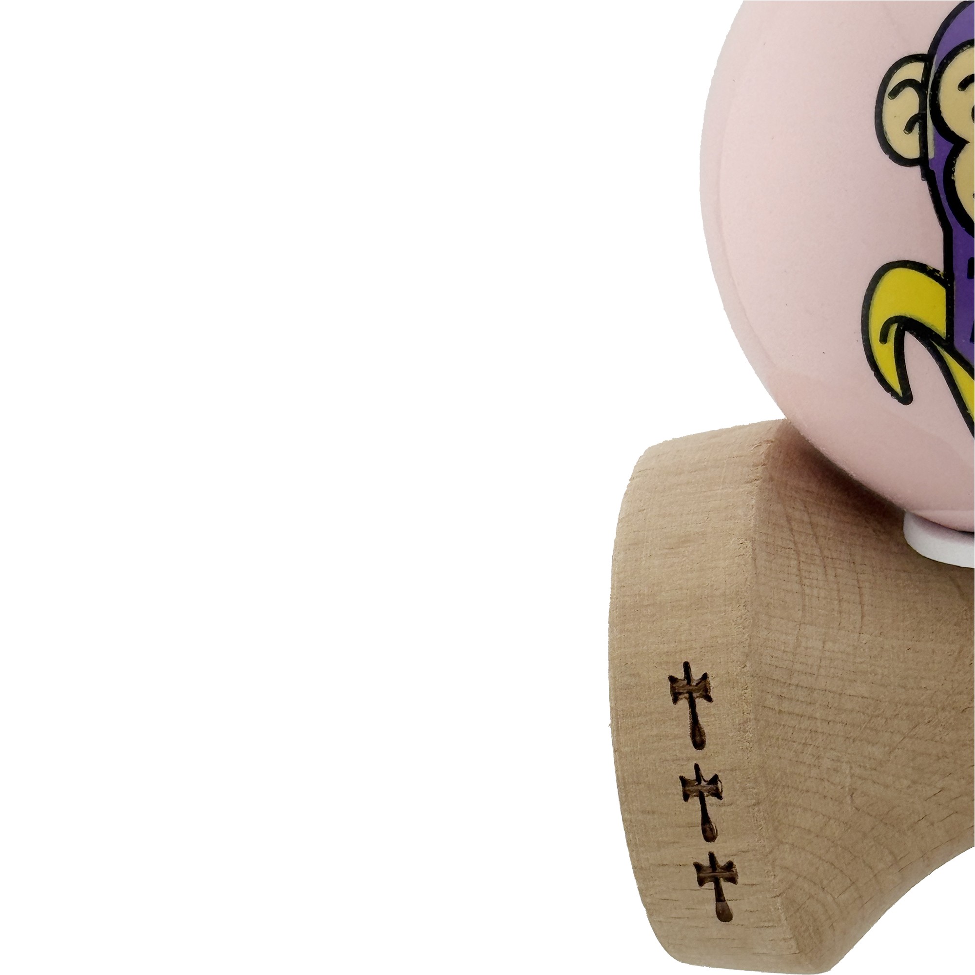 Kendama X Originala, Profesionala, Flippy, Violet Monkey, Super Sticky cu Cupe Mari King Size V3, Rulment Metalic si Gaura in Baza, din Lemn 18 cm, Ata 62/65 cm, Roz