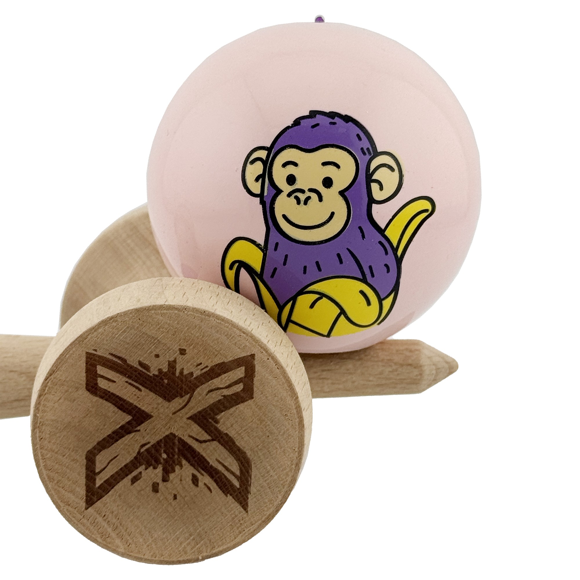 Kendama X Originala, Profesionala, Flippy, Violet Monkey, Super Sticky cu Cupe Mari King Size V3, Rulment Metalic si Gaura in Baza, din Lemn 18 cm, Ata 62/65 cm, Roz