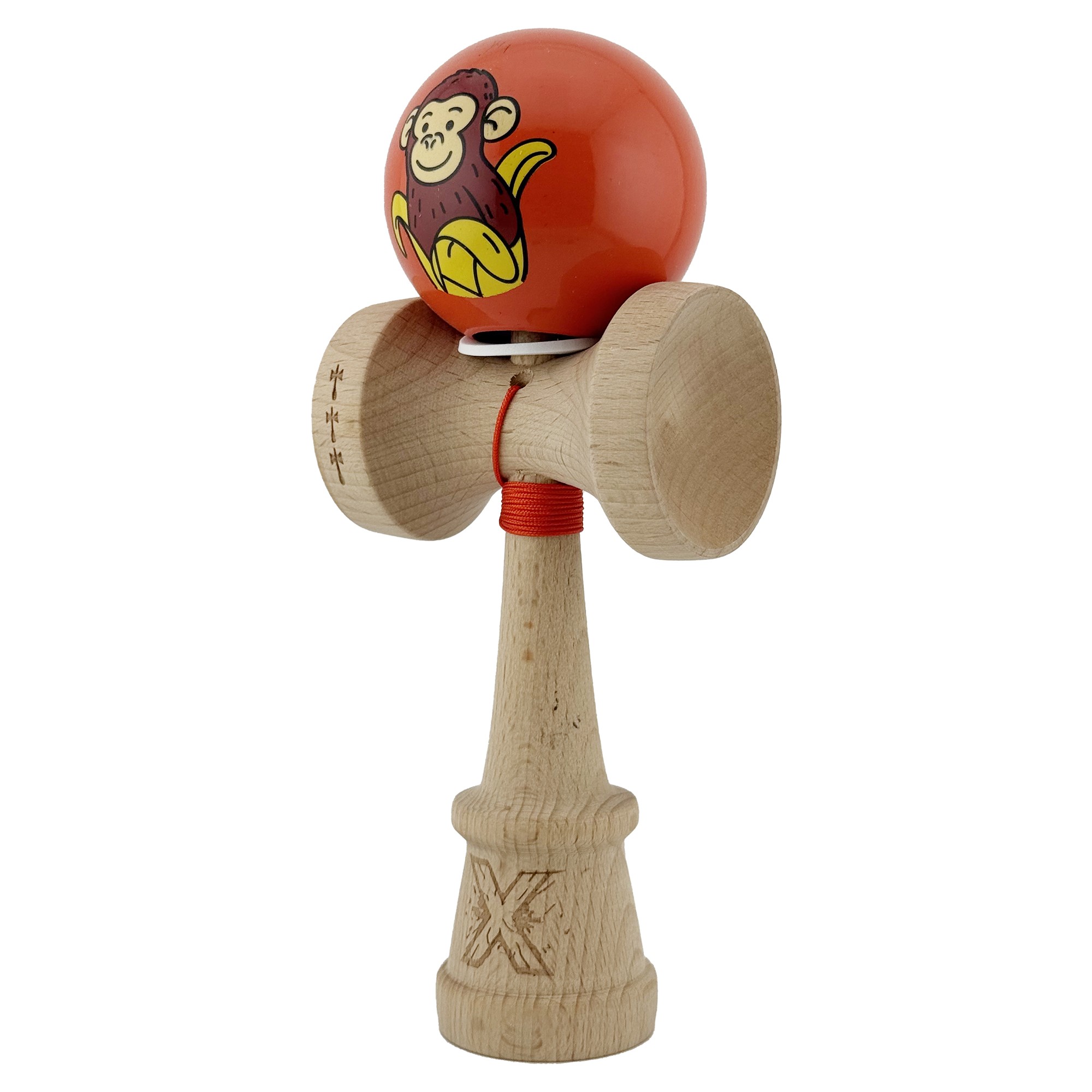 Kendama X Originala, Profesionala, Flippy, Brown Monkey, Super Sticky cu Cupe Mari King Size V3, Rulment Metalic si Gaura in Baza, din Lemn 18 cm, Ata 62/65 cm, Rosu