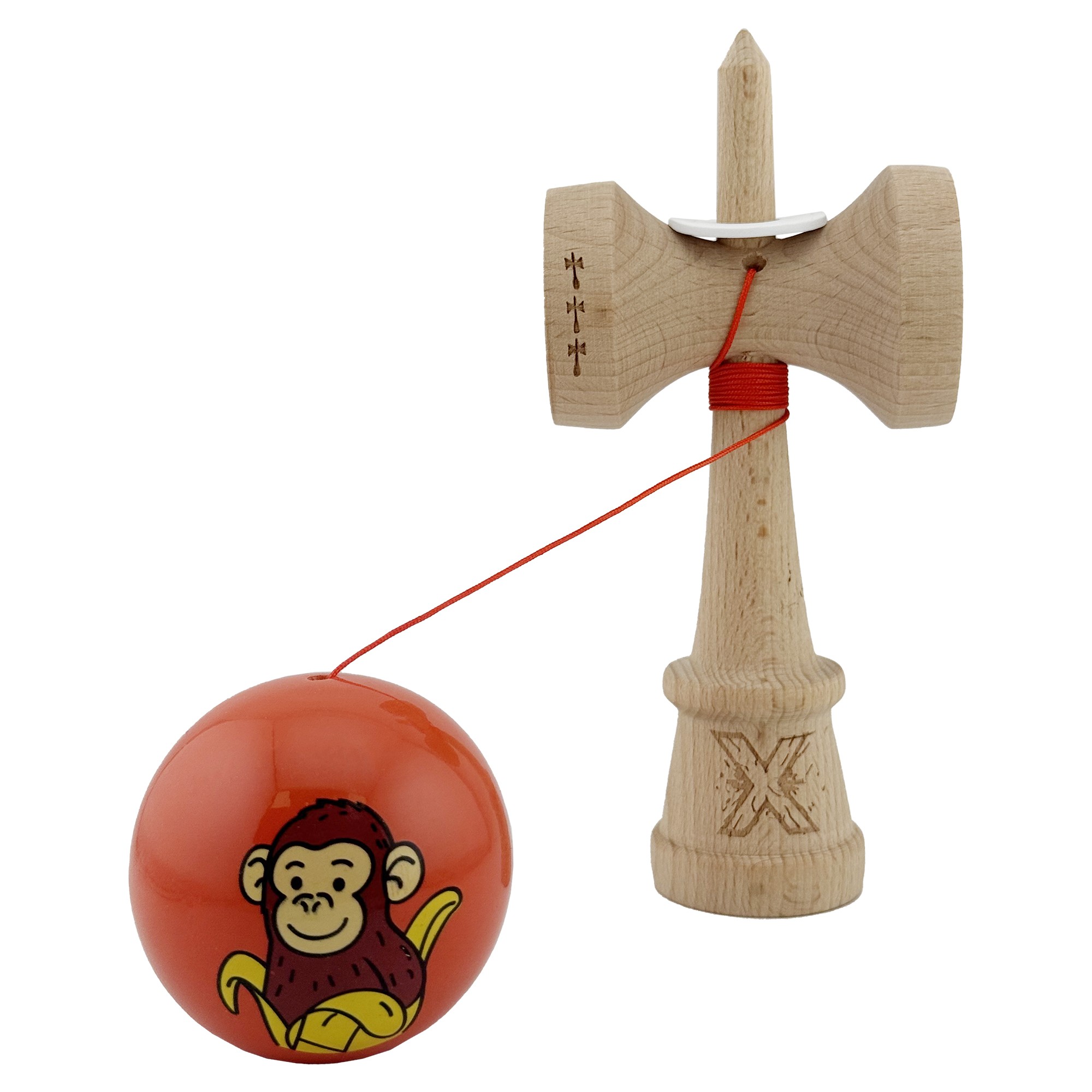 Kendama X Originala, Profesionala, Flippy, Brown Monkey, Super Sticky cu Cupe Mari King Size V3, Rulment Metalic si Gaura in Baza, din Lemn 18 cm, Ata 62/65 cm, Rosu