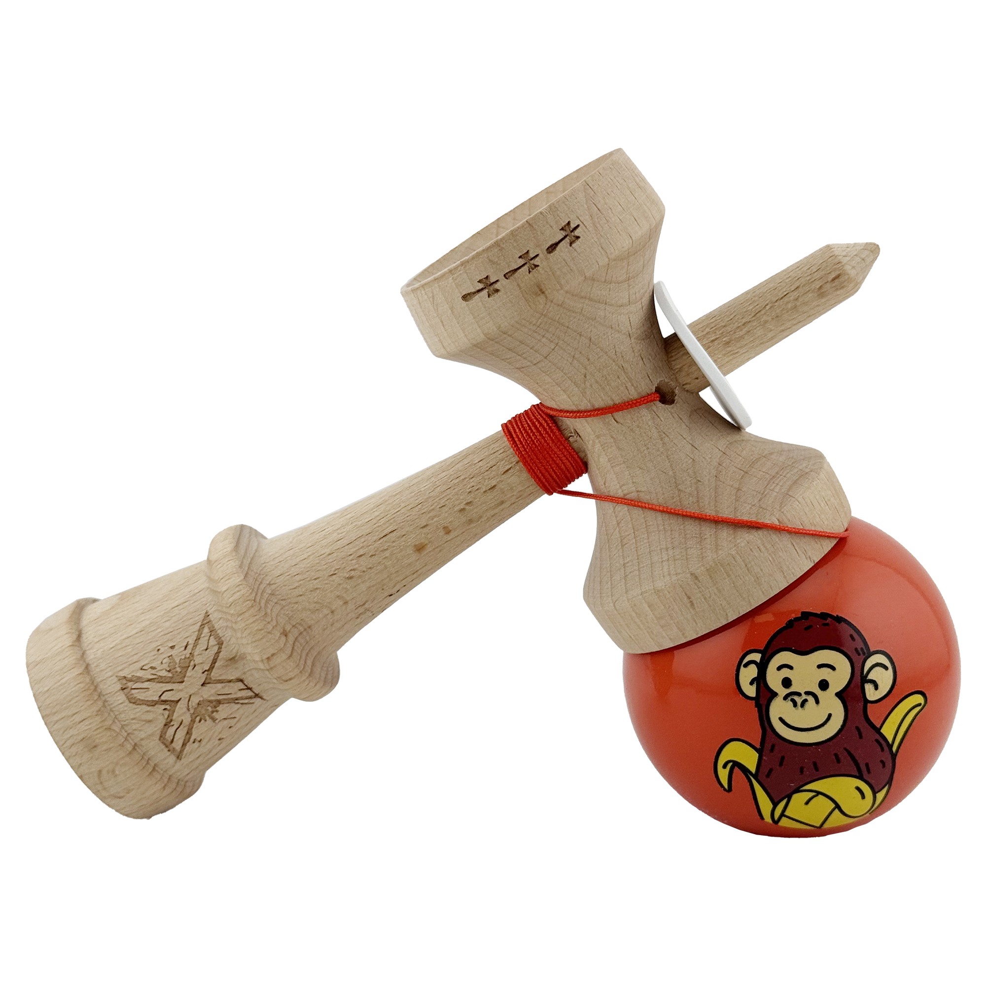 Kendama X Originala, Profesionala, Flippy, Brown Monkey, Super Sticky cu Cupe Mari King Size V3, Rulment Metalic si Gaura in Baza, din Lemn 18 cm, Ata 62/65 cm, Rosu