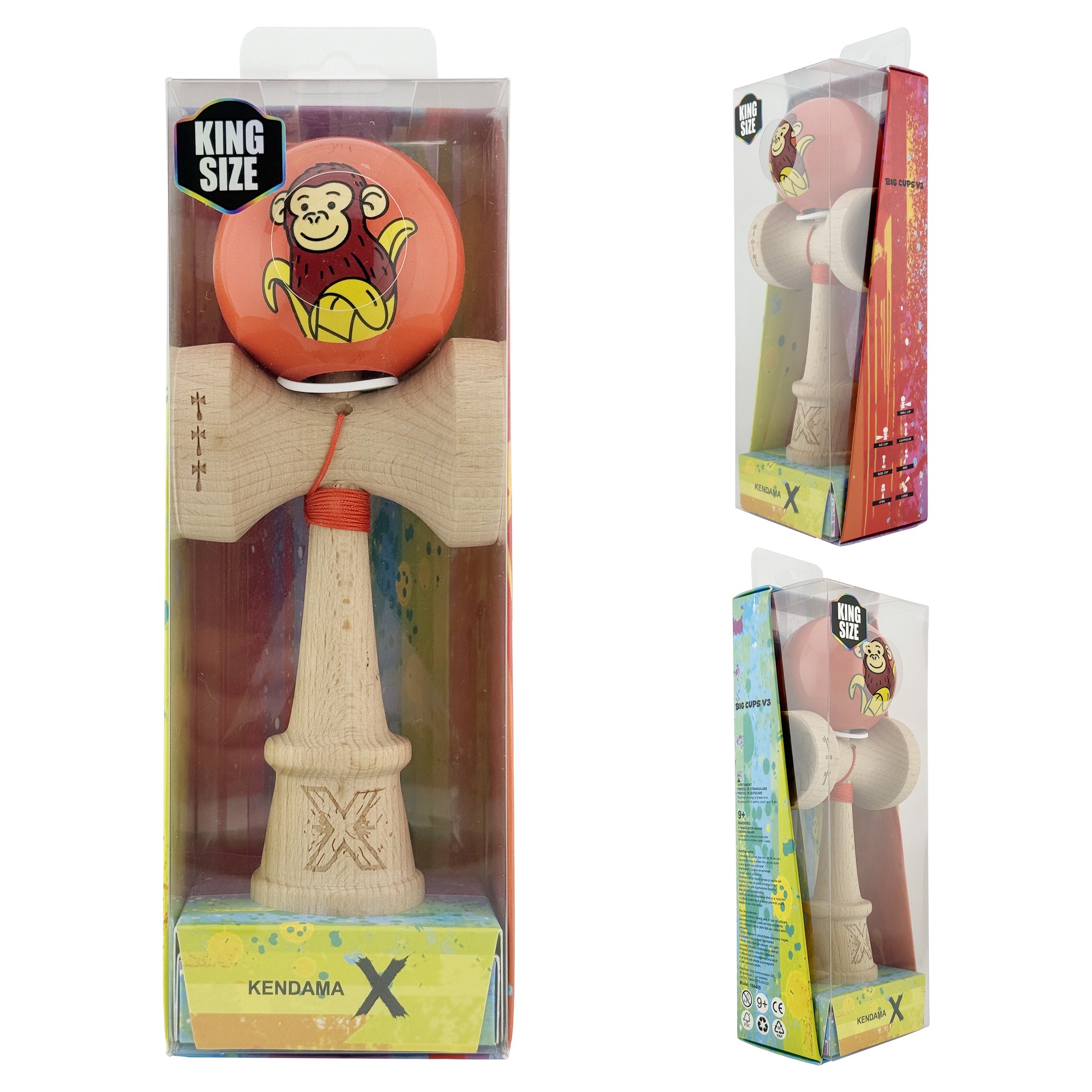 Kendama X Originala, Profesionala, Flippy, Brown Monkey, Super Sticky cu Cupe Mari King Size V3, Rulment Metalic si Gaura in Baza, din Lemn 18 cm, Ata 62/65 cm, Rosu