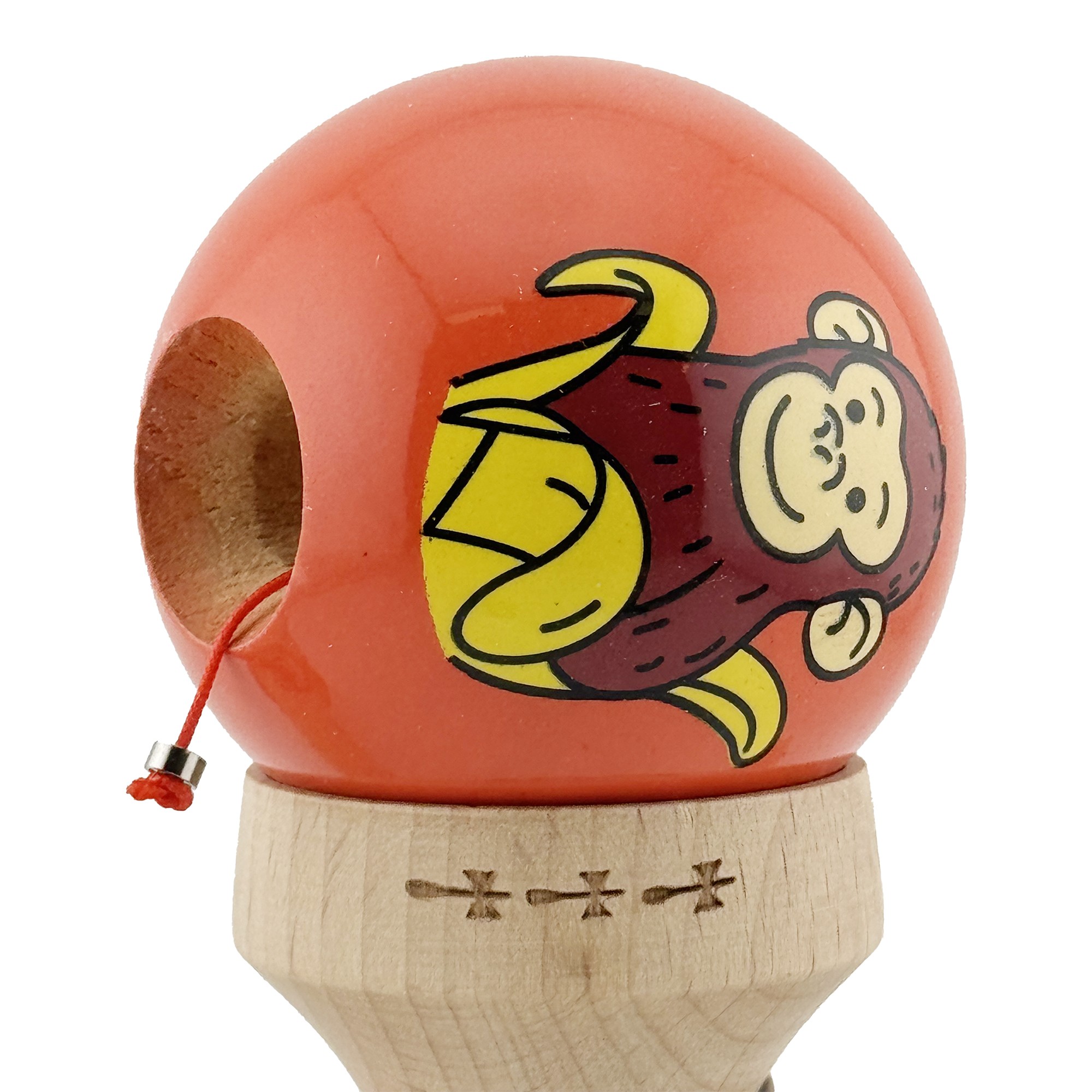 Kendama X Originala, Profesionala, Flippy, Brown Monkey, Super Sticky cu Cupe Mari King Size V3, Rulment Metalic si Gaura in Baza, din Lemn 18 cm, Ata 62/65 cm, Rosu