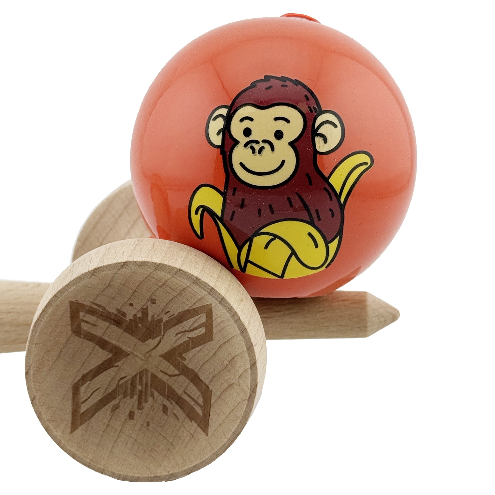 Kendama X Originala, Profesionala, Flippy, Brown Monkey, Super Sticky cu Cupe Mari King Size V3, Rulment Metalic si Gaura in Baza, din Lemn 18 cm, Ata 62/65 cm, Rosu